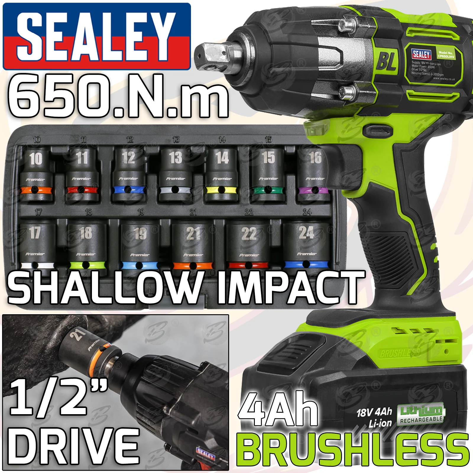 SEALEY 18V 4Ah 1/2″ DRIVE BRUSHLESS CORDLESS IMPACT WRENCH 650Nm & 13PCS 6 POINT SHALLOW IMPACT SOCKETS 10MM – 24MM