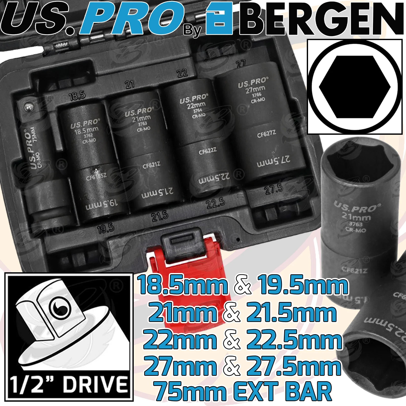 US Pro 5 Piece 1/2″ Drive 6 Point Impact Flip Nut Sockets 18.5mm – 27.5mm  3765