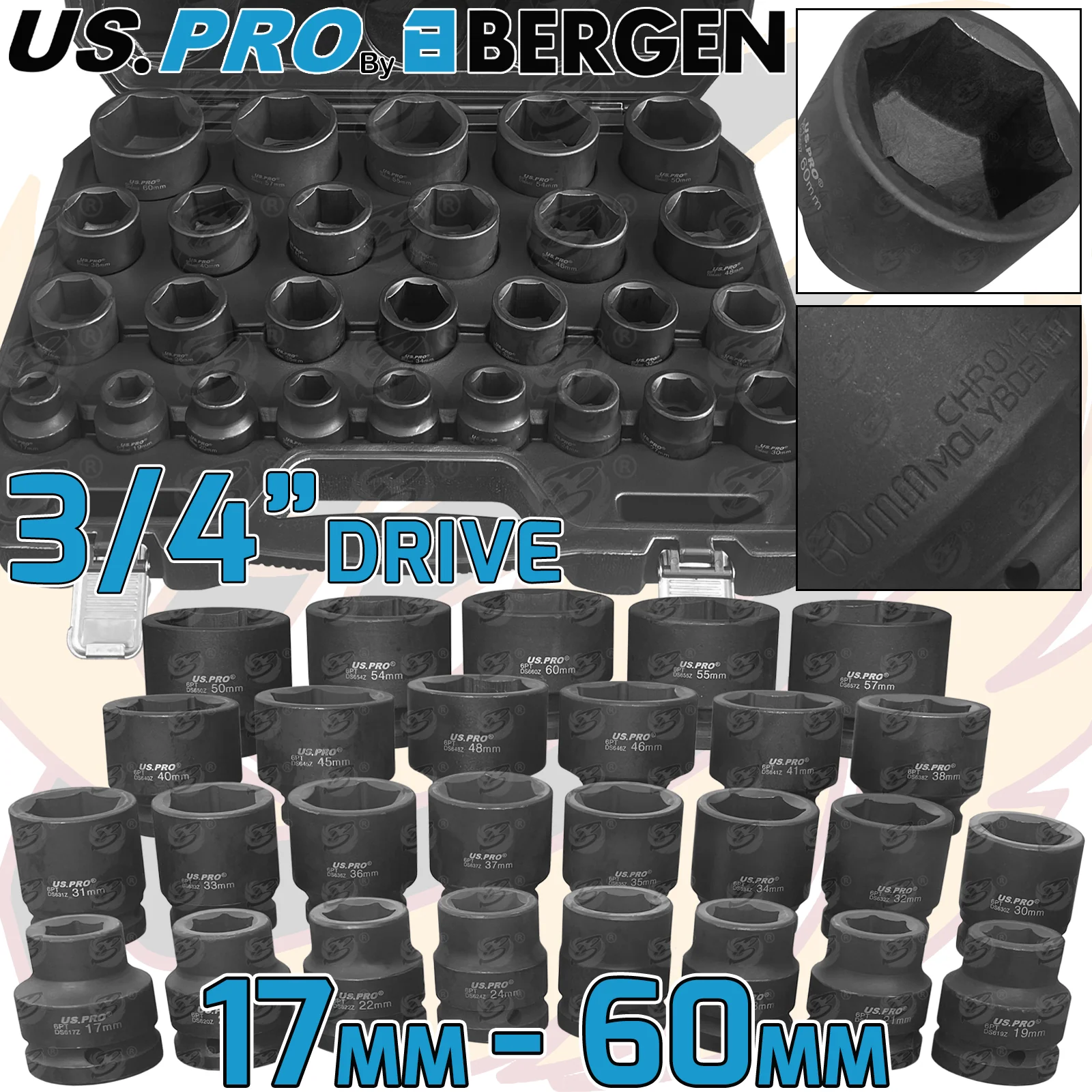 US Pro 27 Piece 3/4″ Drive 6 Point Impact Sockets 17mm – 60mm  3690