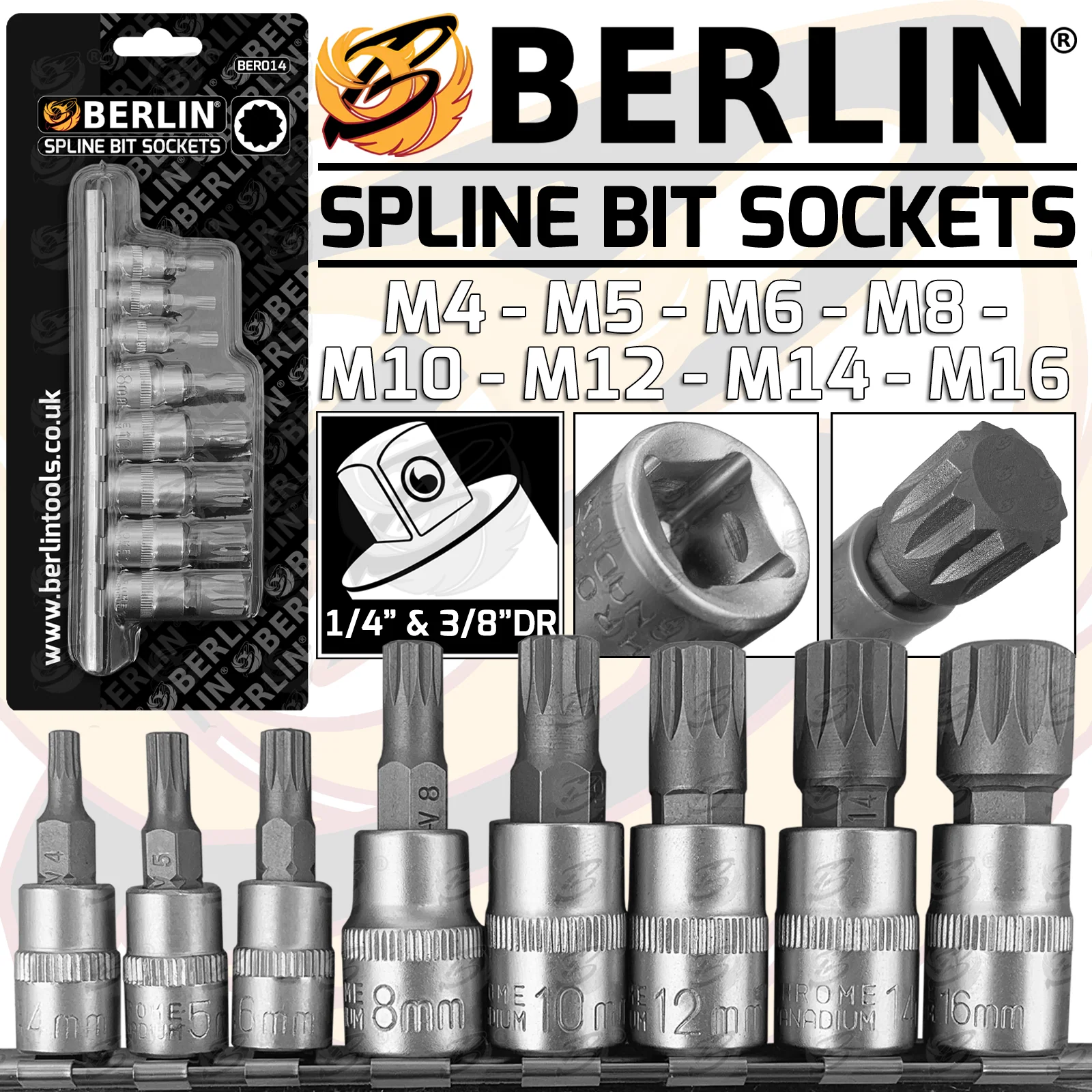 Berlin 8 Piece 1/4″ & 3/8″ Drive Spline Bit Sockets M4 – M16 ( BER014 )