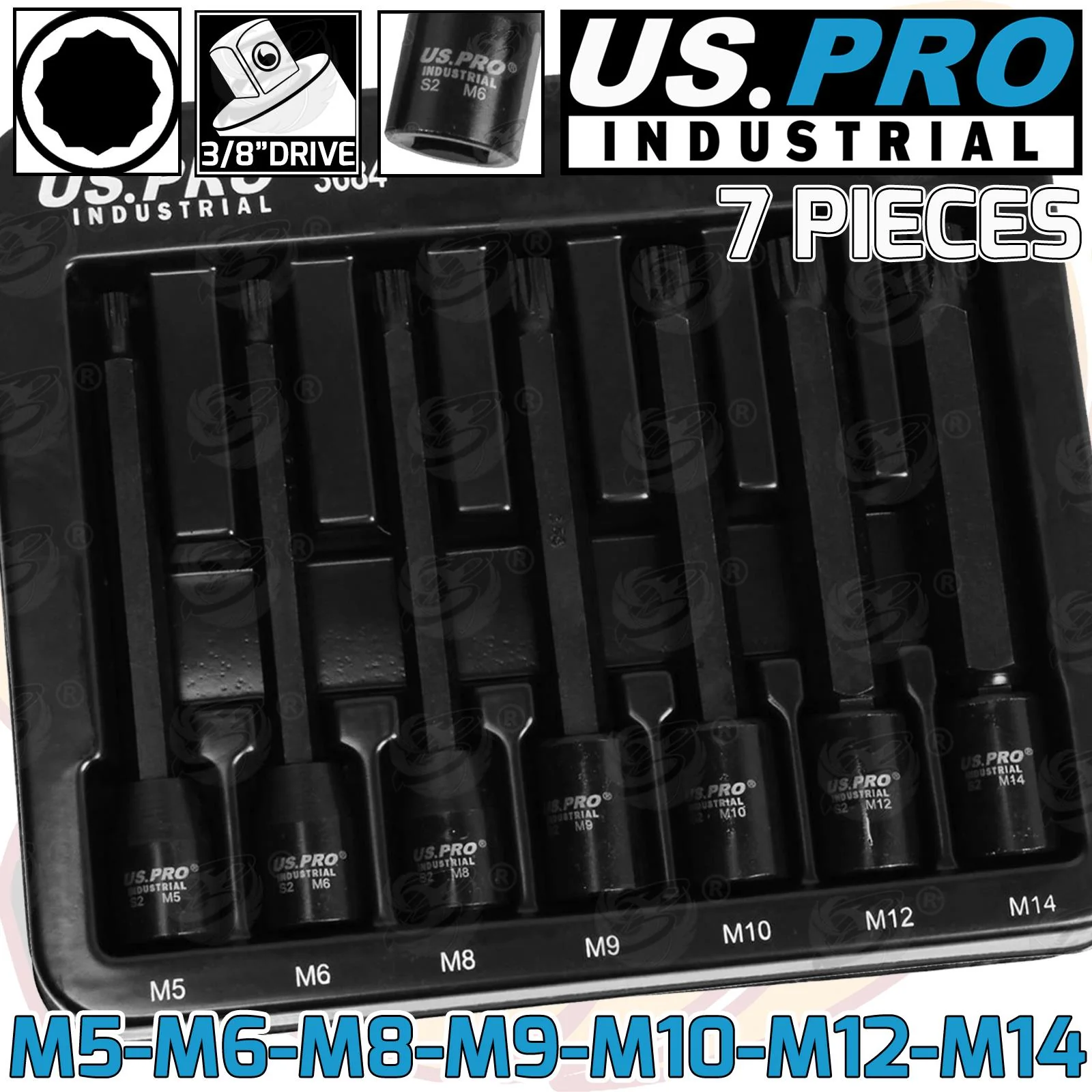 US Pro Industrial 7 Piece 3/8″ Drive Extra Long Impact Spline Bit Sockets M5 – M14  3684