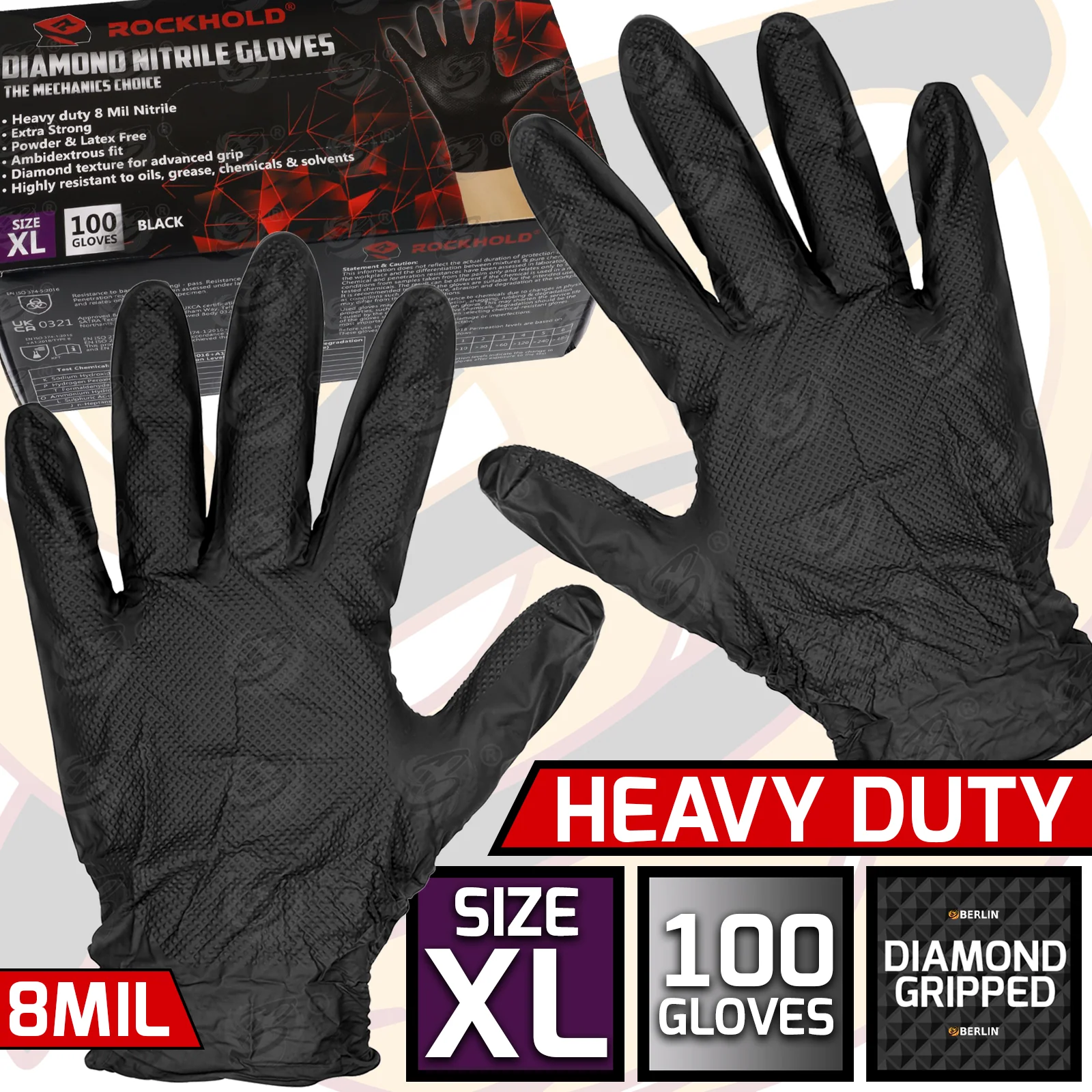 Rockhold Heavy Duty Black 8 Mil Nitrile Diamond Grip Gloves ( x Large – 100 Gloves )  90011 / XL ( 1 BOX ) ( D )