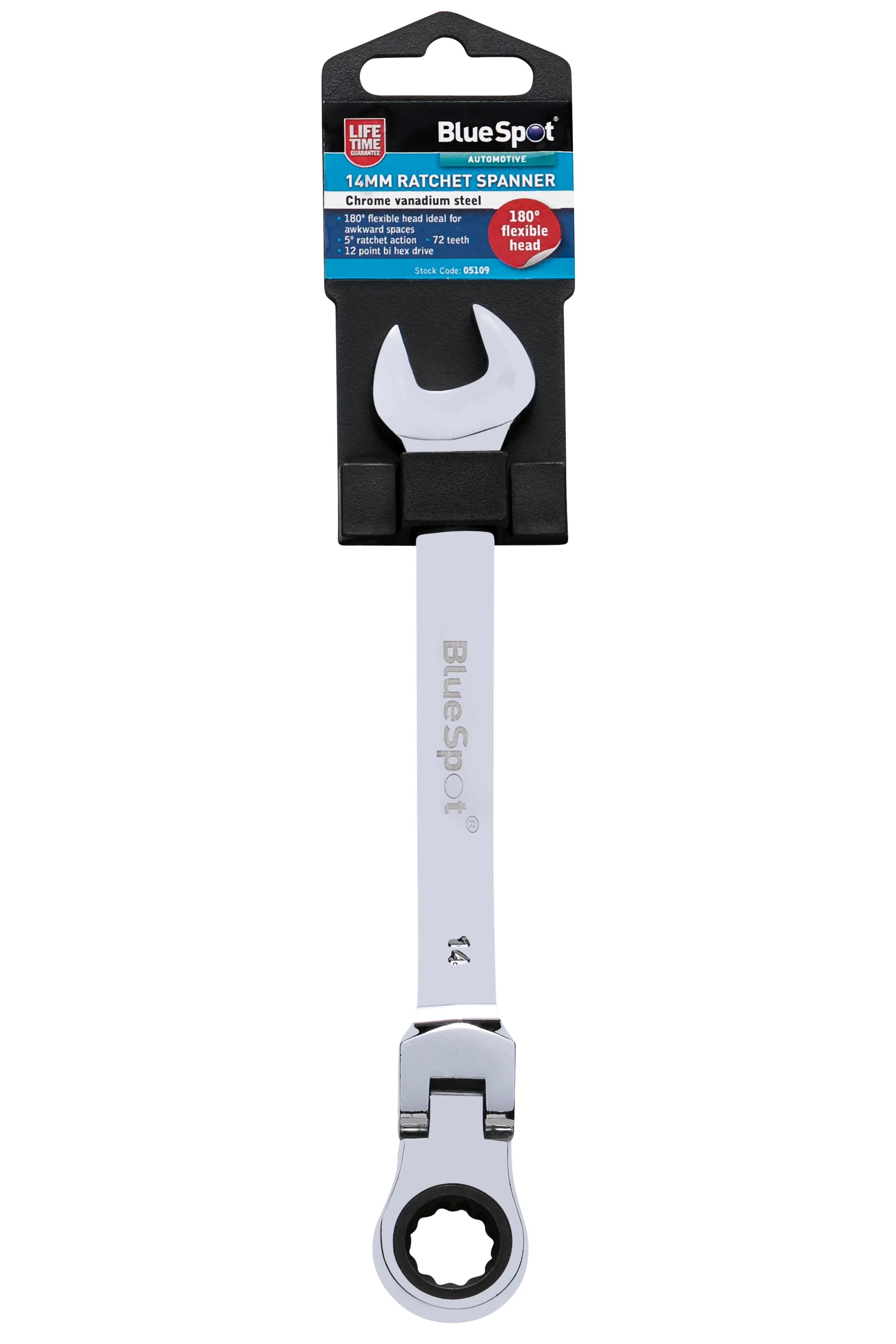 BlueSpot 14mm Chrome Vanadium Ratchet Spanner Flexible Head (180°) ( Single ) With A Manufacturers LifeTime Guarantee 05109