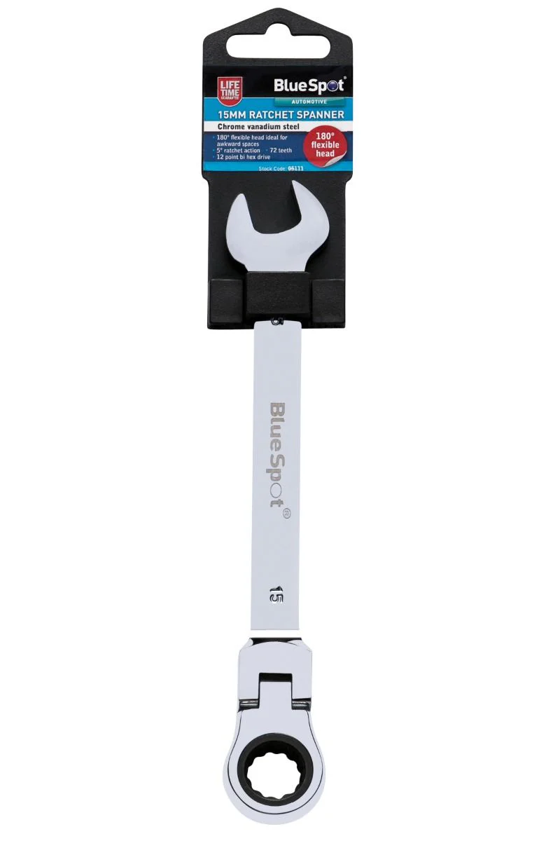 BlueSpot 15mm Chrome Vanadium Ratchet Spanner Flexible Head (180°) ( Single ) With A Manufacturers LifeTime Guarantee 05111