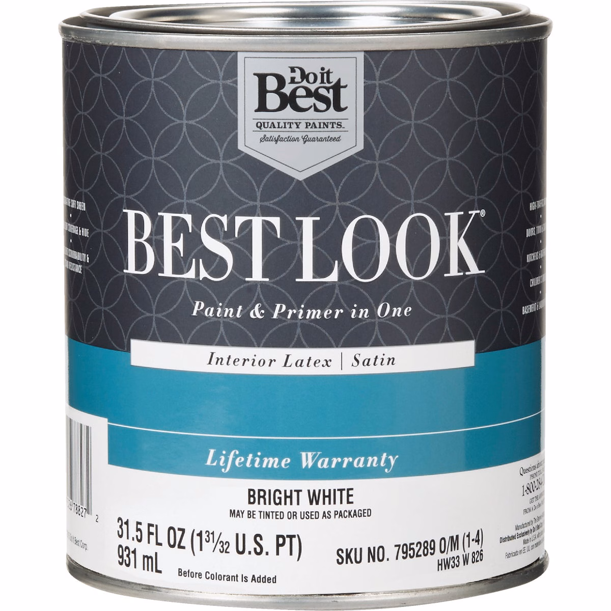 Best Look Latex Premium Paint & Primer In One Satin Interior Wall Paint, Bright White, 1 Qt.