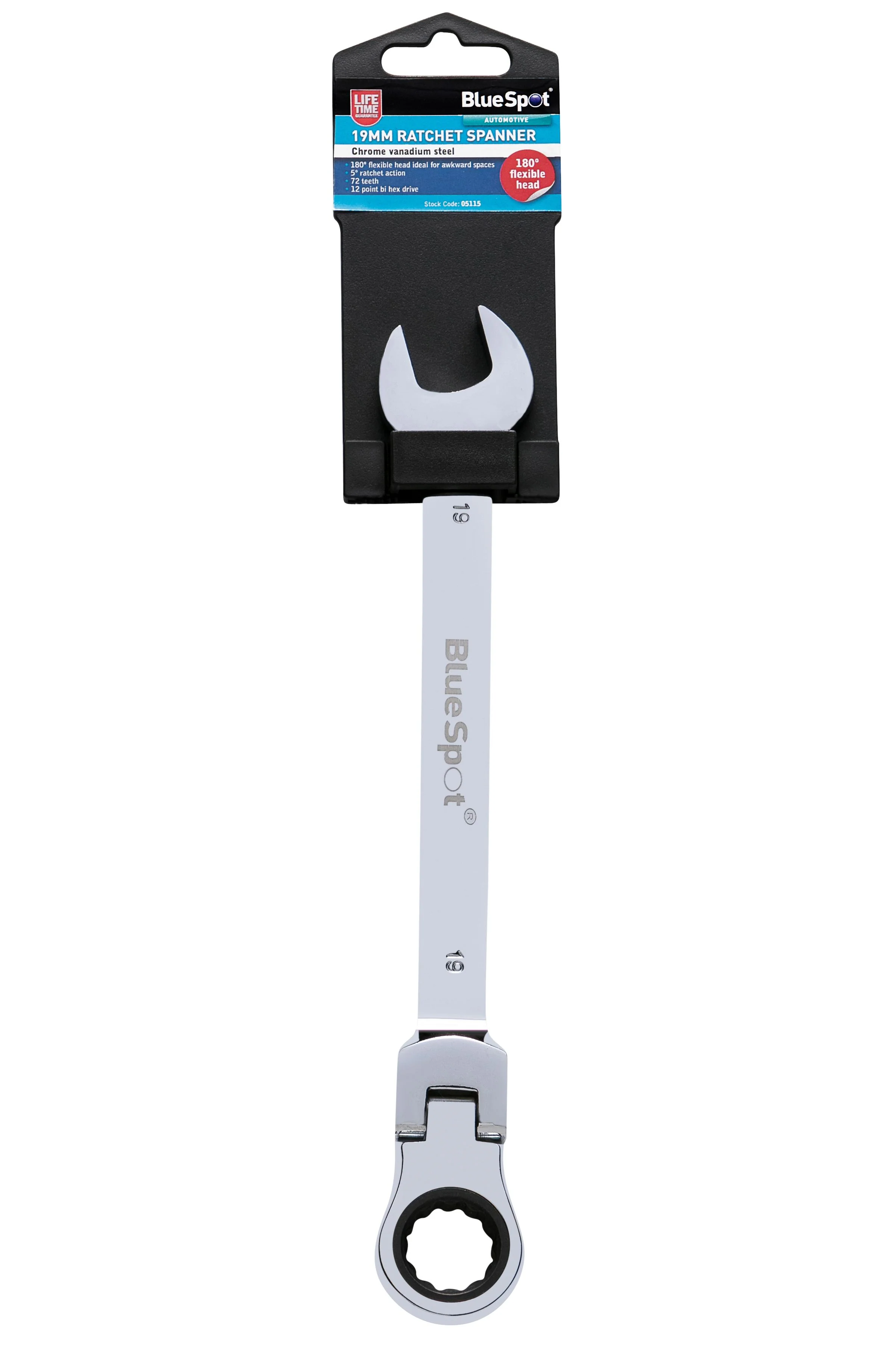 BlueSpot 19mm Chrome Vanadium Ratchet Spanner Flexible Head (180°) ( Single ) With A Manufacturers LifeTime Guarantee 05115