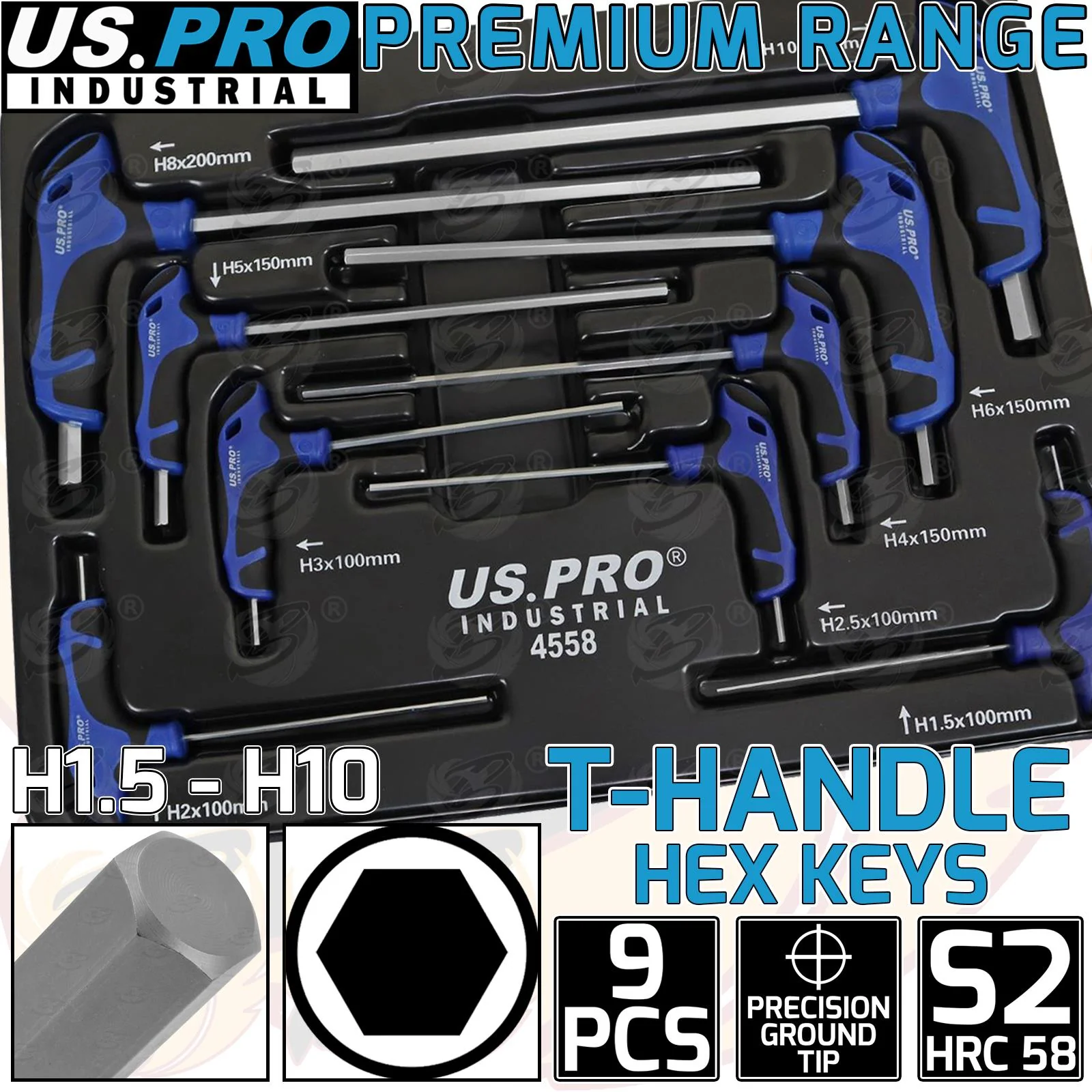 US Pro Industrial 9 Piece T Handle Hex Keys H1.5 – H11  4558