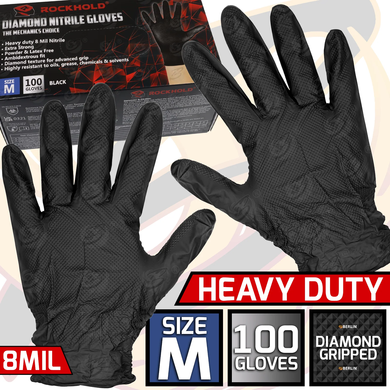 Rockhold Heavy Duty Black 8 Mil Nitrile Diamond Grip Gloves ( Medium – 100 Gloves )  90009 / M ( 1 BOX )