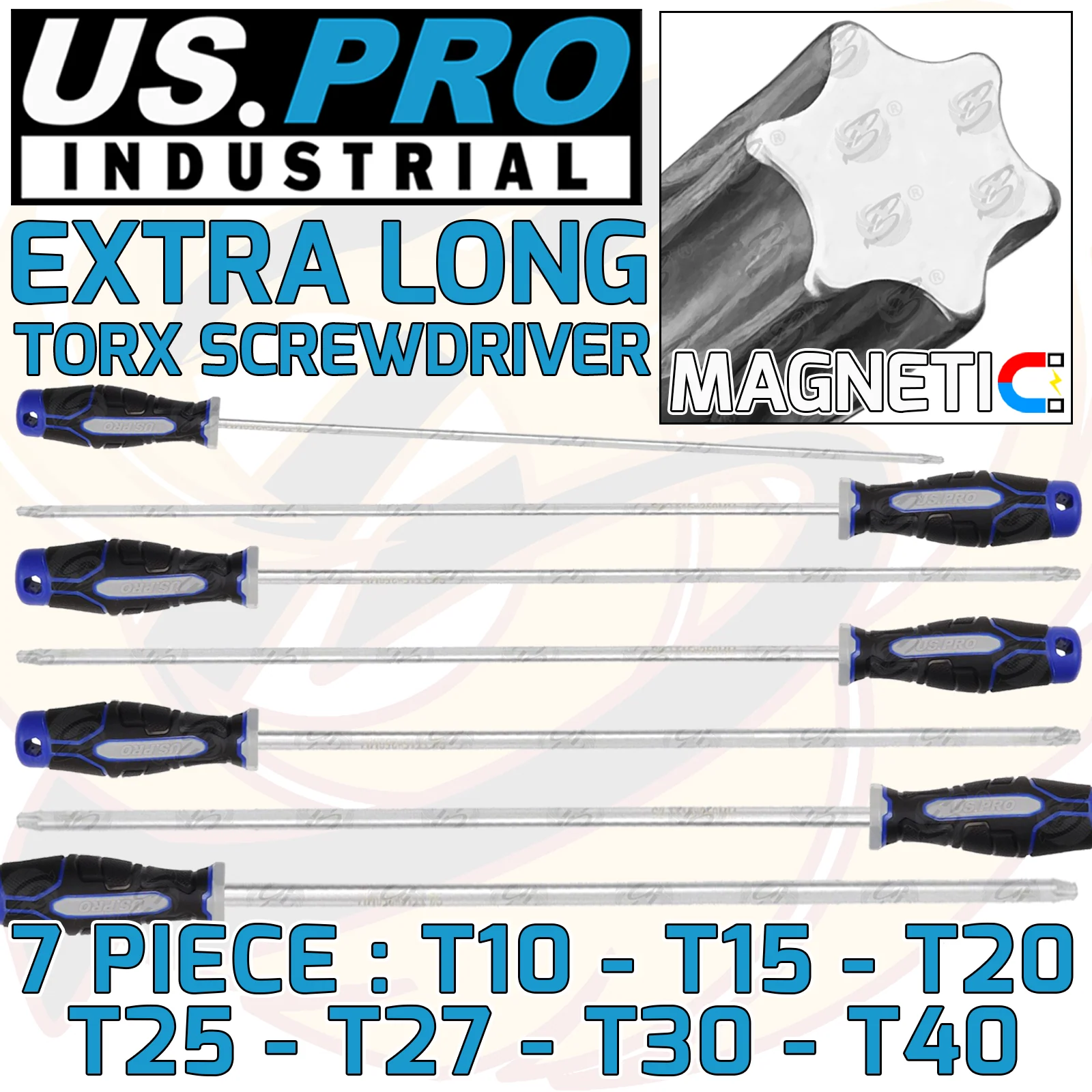 US Pro Industrial 7 Piece Extra Long Magnetic Torx Screwdrivers T10 – T40  4615