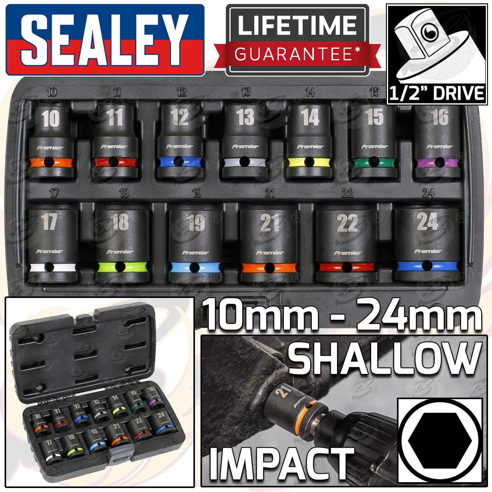 Sealey 13 Piece 1/2″ Drive 6 Point Shallow Impact Sockets 10mm – 24mm ( AK5617M )