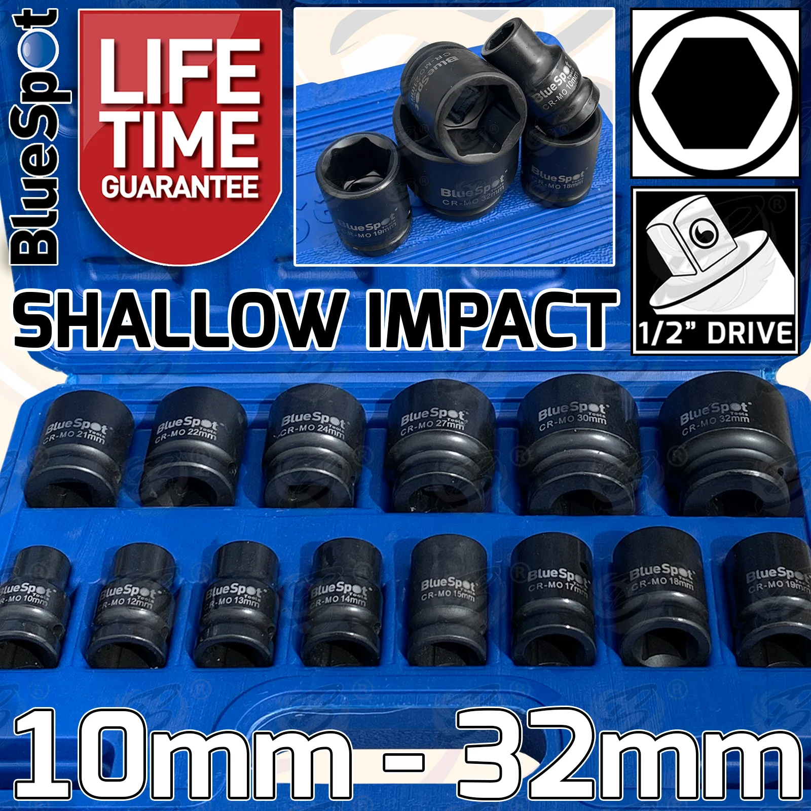 BlueSpot 14 Piece 1/2″ Drive 6 Point Shallow Impact Sockets 10mm – 32mm ( 01585 )