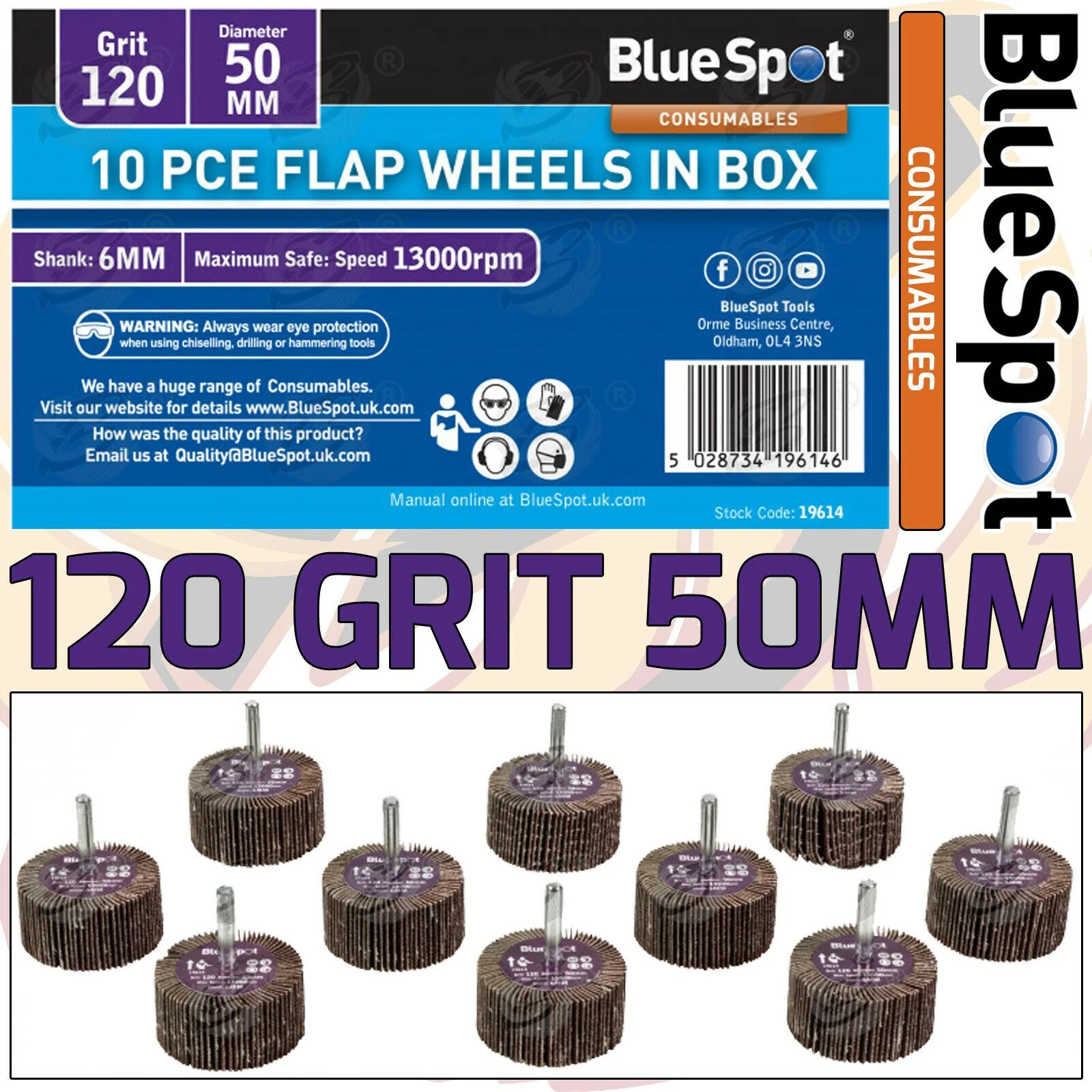 BlueSpot 10 Piece Flap Wheel Discs ( 120 Grit – 50mm ) ( 19614 )
