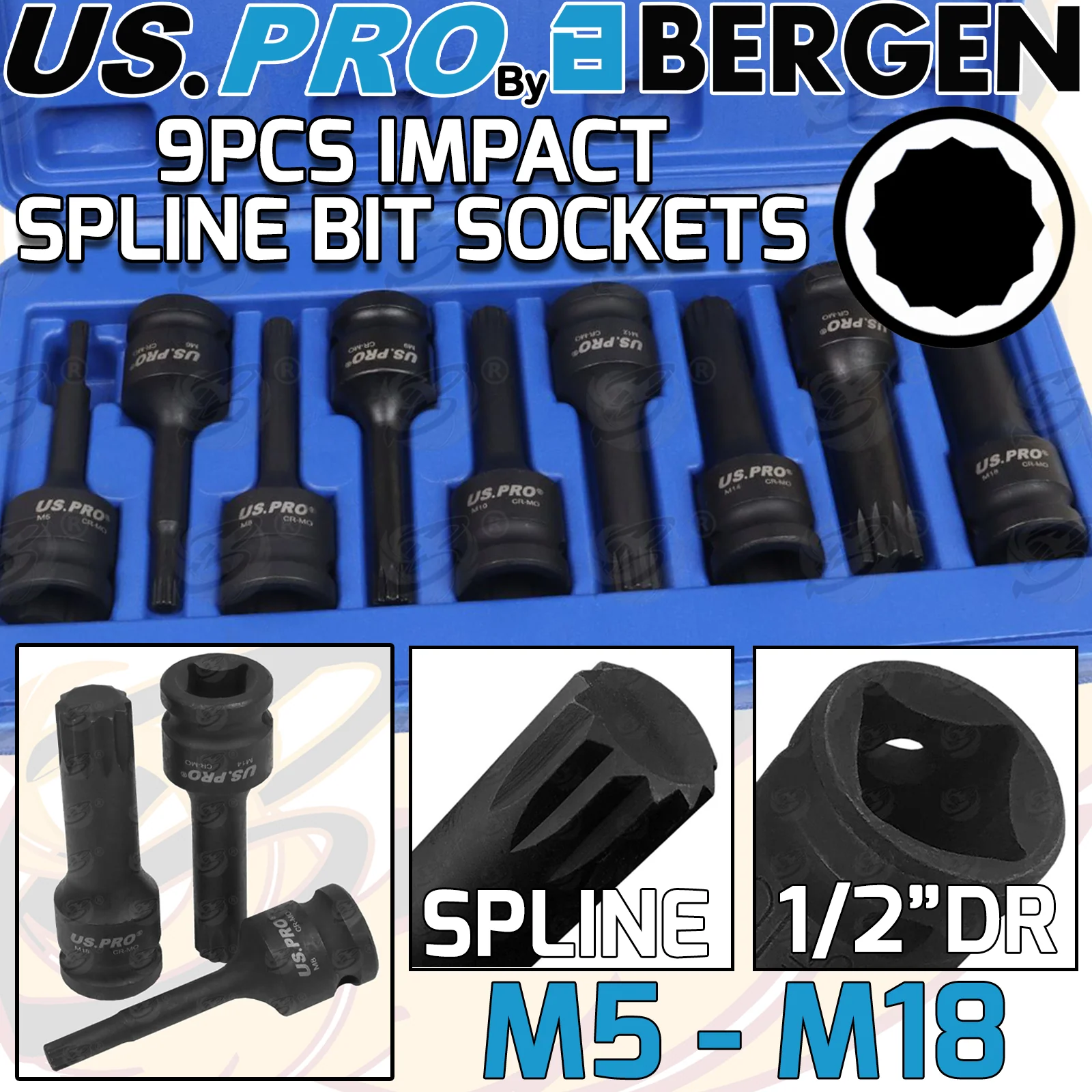 US Pro 9 Piece 1/2″ Drive Impact Spline Bit Sockets M5 – M18  7541