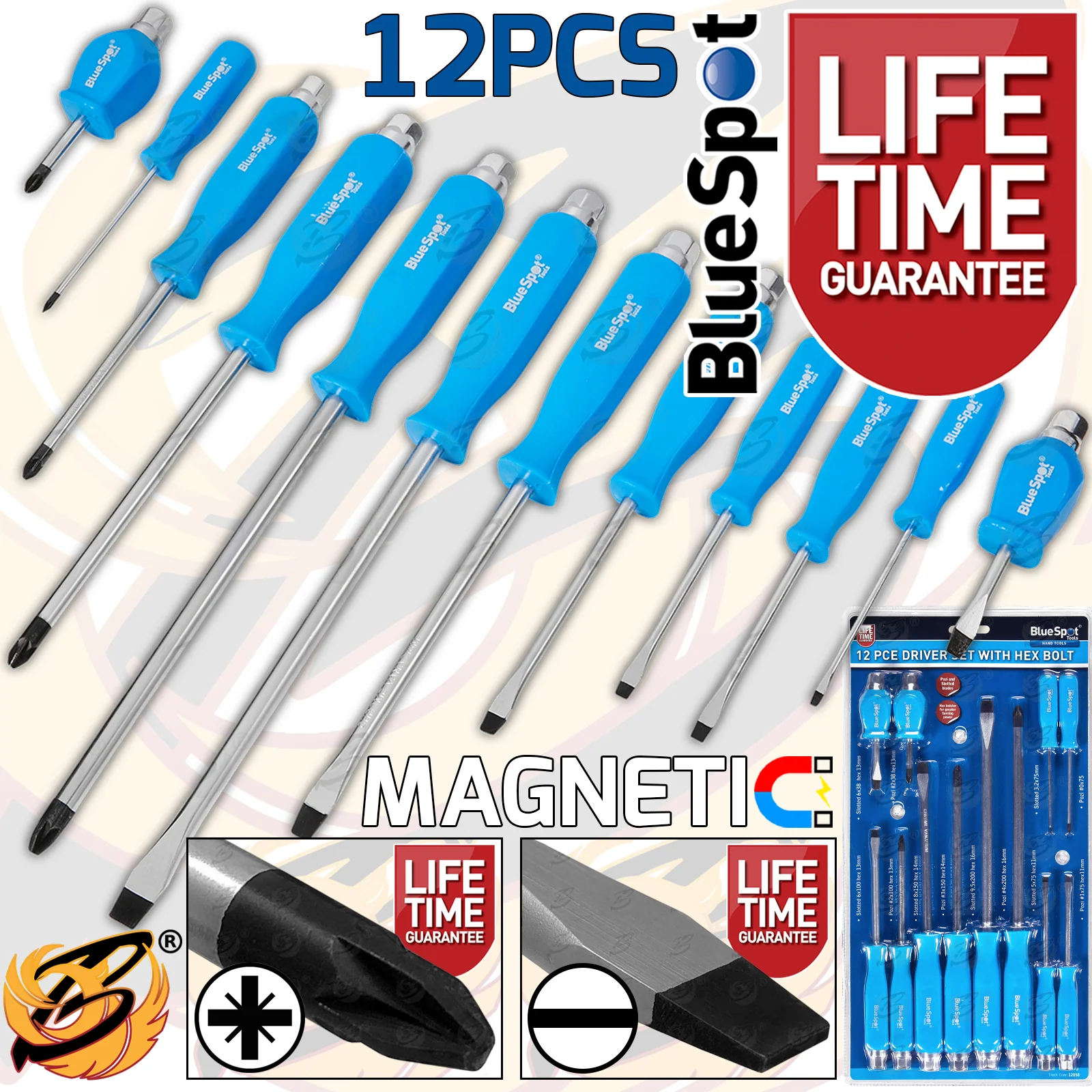 BlueSpot 12 Piece Magnetic Go Through Screwdriver Set ( Slotted – Pozidrive ) ( 12058 )