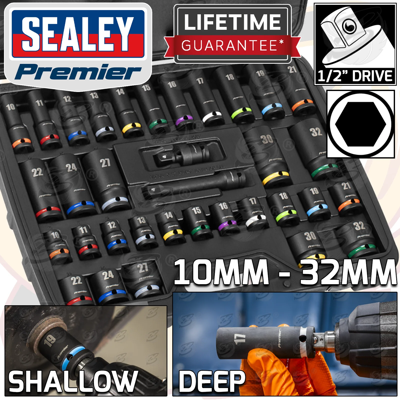 Sealey 34 Piece 1/2″ Drive 6 Point Deep & Shallow Impact Sockets 10mm – 32mm ( AK5635M )