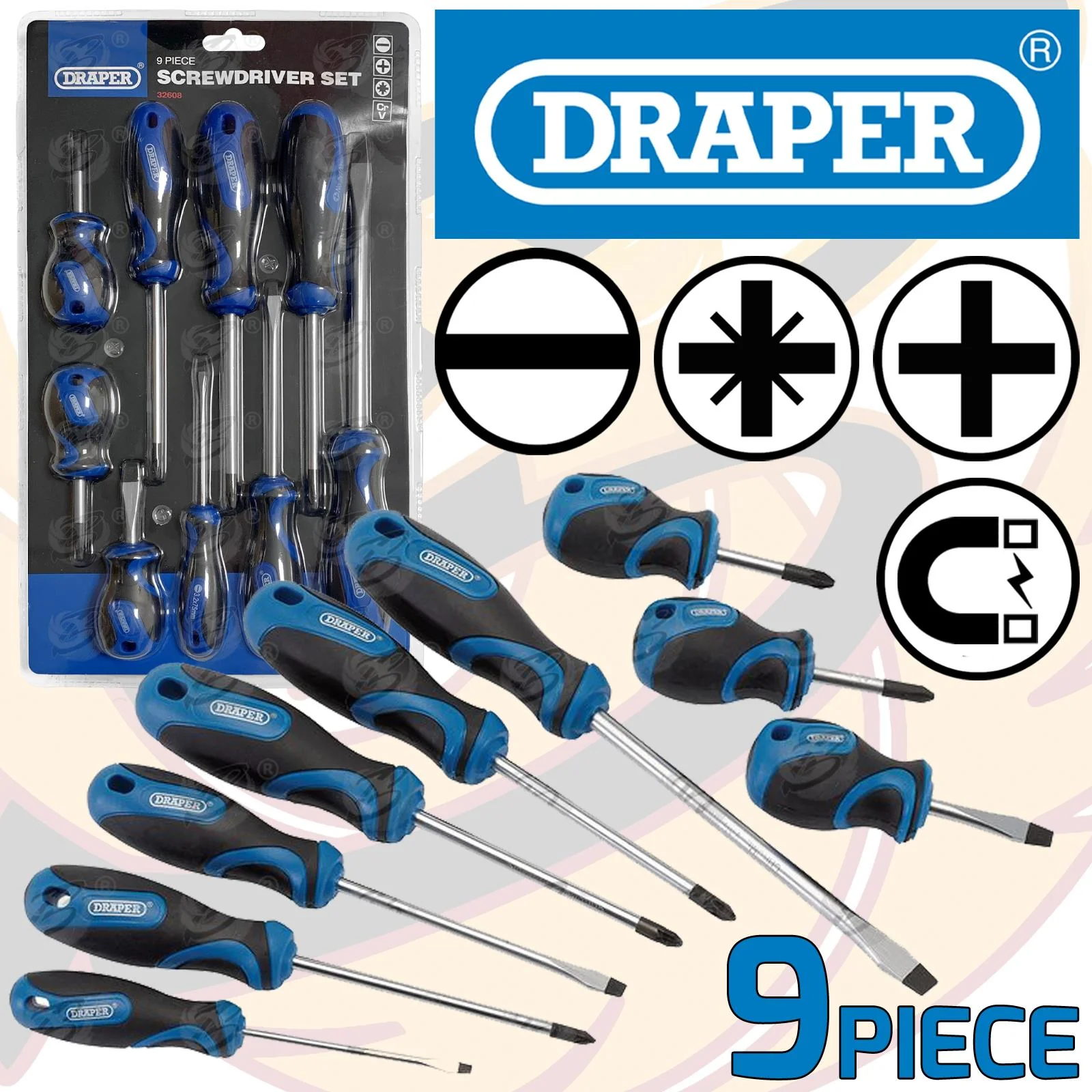 Draper 9 Piece Magnetic Screwdriver Set ( Slotted – PHillips – Pozidrive ) ( 32608 )