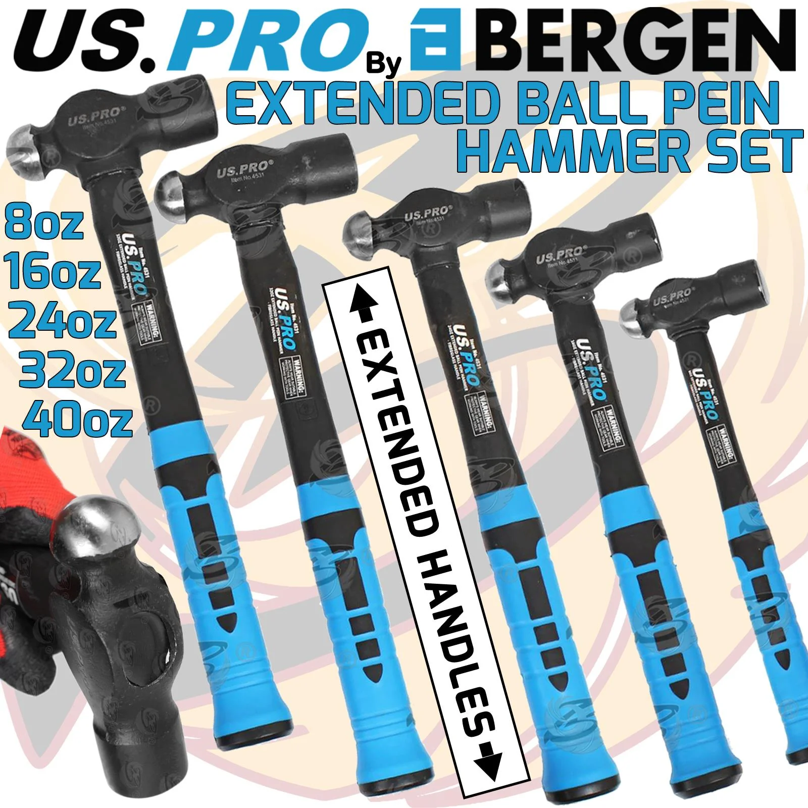 US Pro 5 Piece Extended Ball Pein Hammer Set 8Oz – 16Oz – 24Oz – 32Oz – 40Z  4531