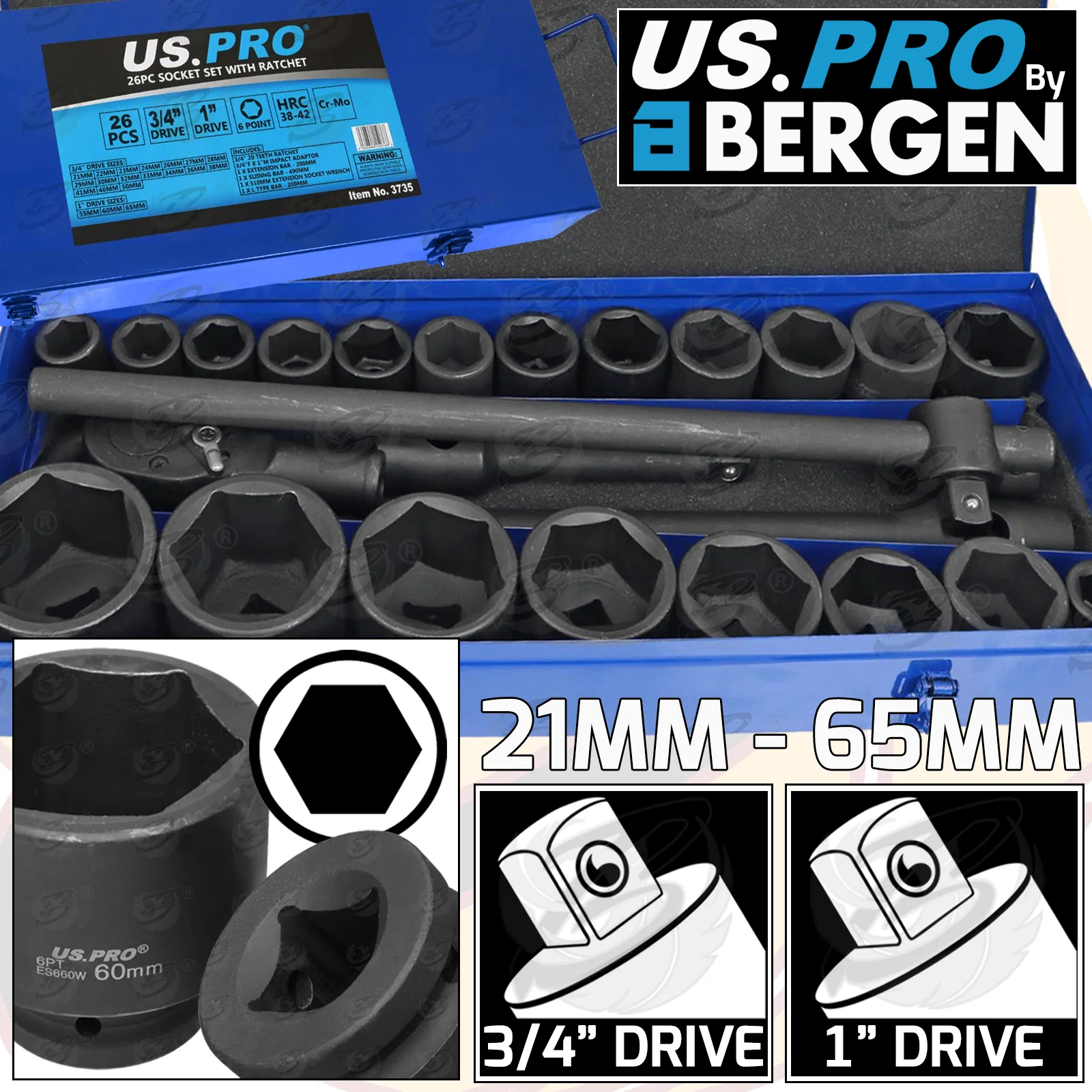 US Pro 26 Piece 3/4″ & 1″ Drive 6 Point Impact Socket Set 21mm – 65mm  3735