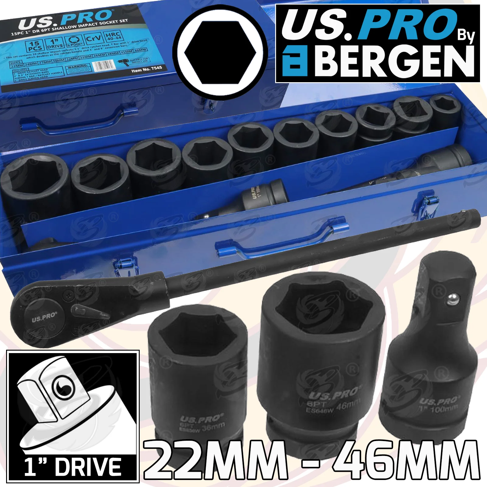 US Pro 15 Piece 1″ Drive 6 Point Impact Socket Set 22mm – 46mm  7545