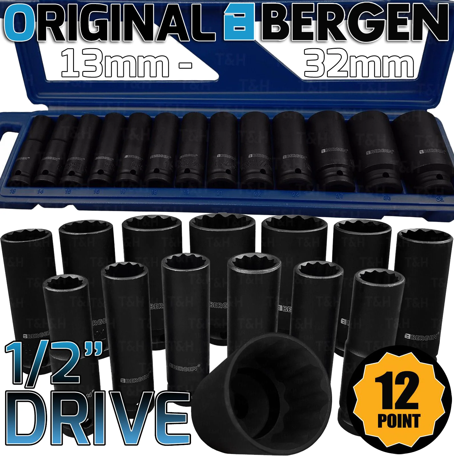 Bergen 13 Piece 1/2″ Drive 12 Point Deep Impact Sockets 13mm – 32mm  1328
