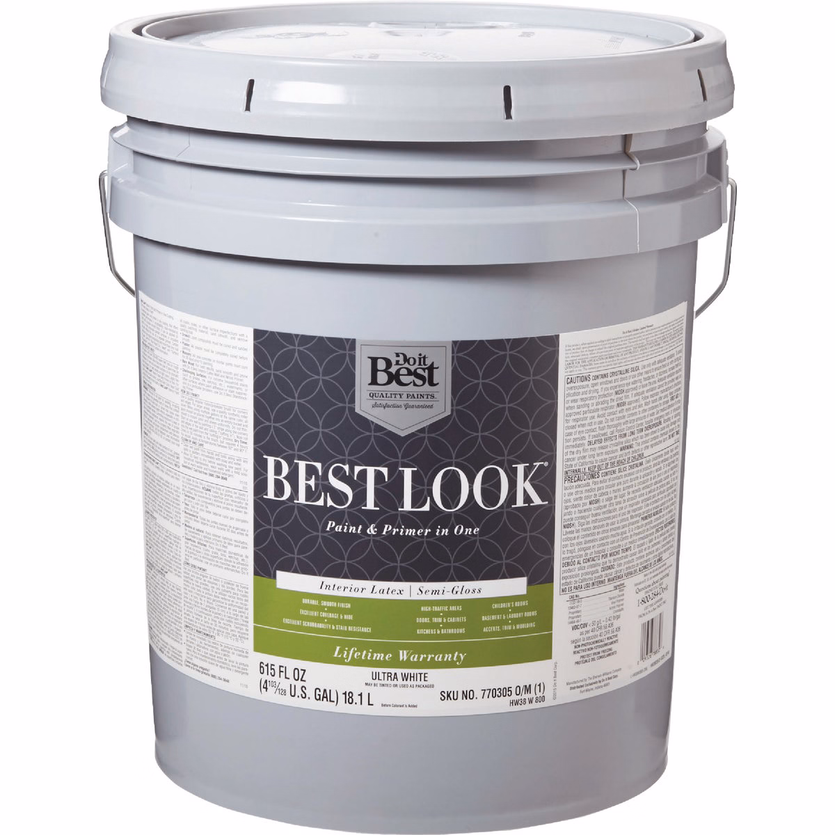 Best Look Latex Premium Paint & Primer In One Semi-Gloss Interior Wall Paint, Ultra White, 5 Gal.