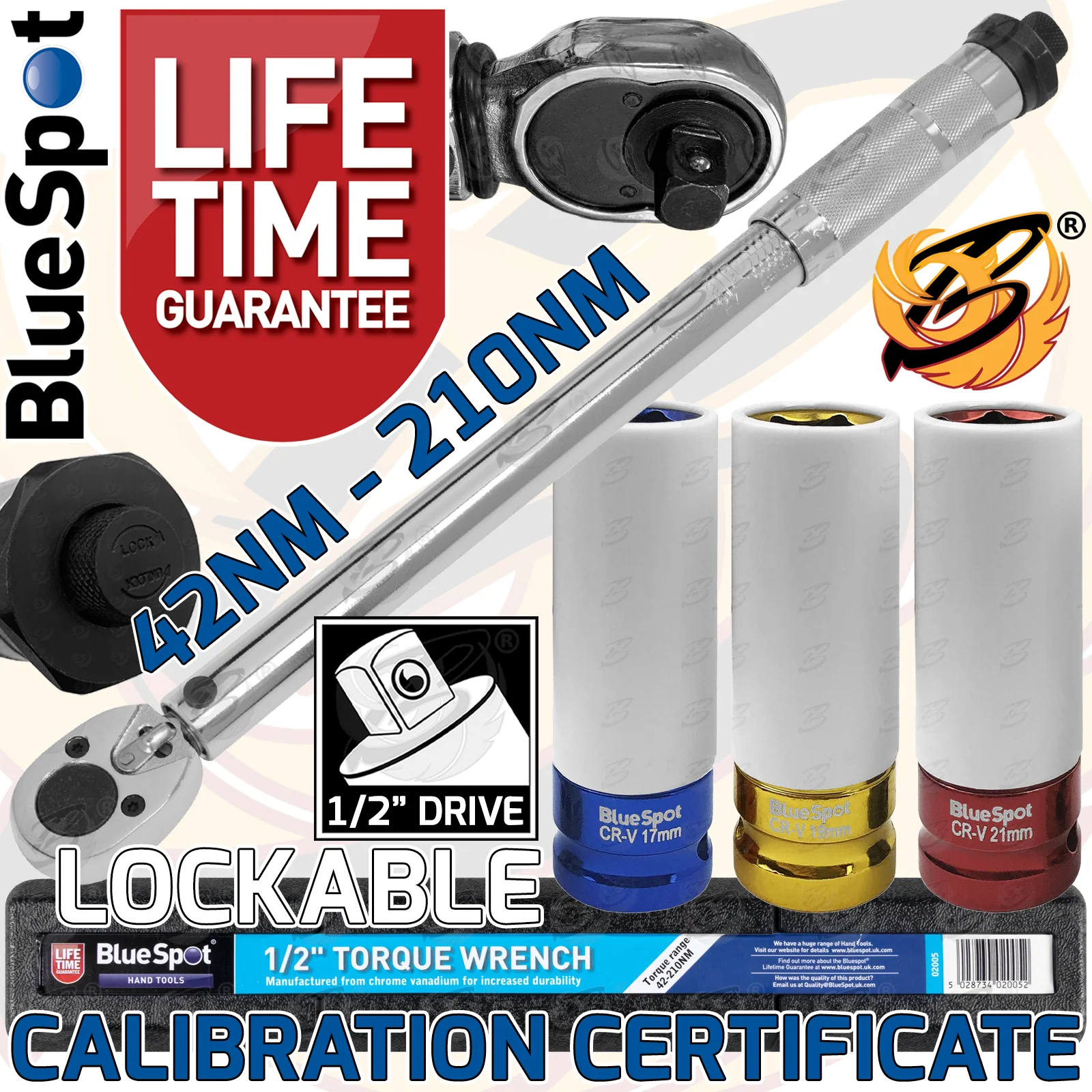BLUESPOT 1/2″ DRIVE CALIBRATED TORQUE WRENCH 42Nm – 210Nm & 3PCS 1/2″ DRIVE 6 POINT ALLOY WHEEL NUT SOCKETS