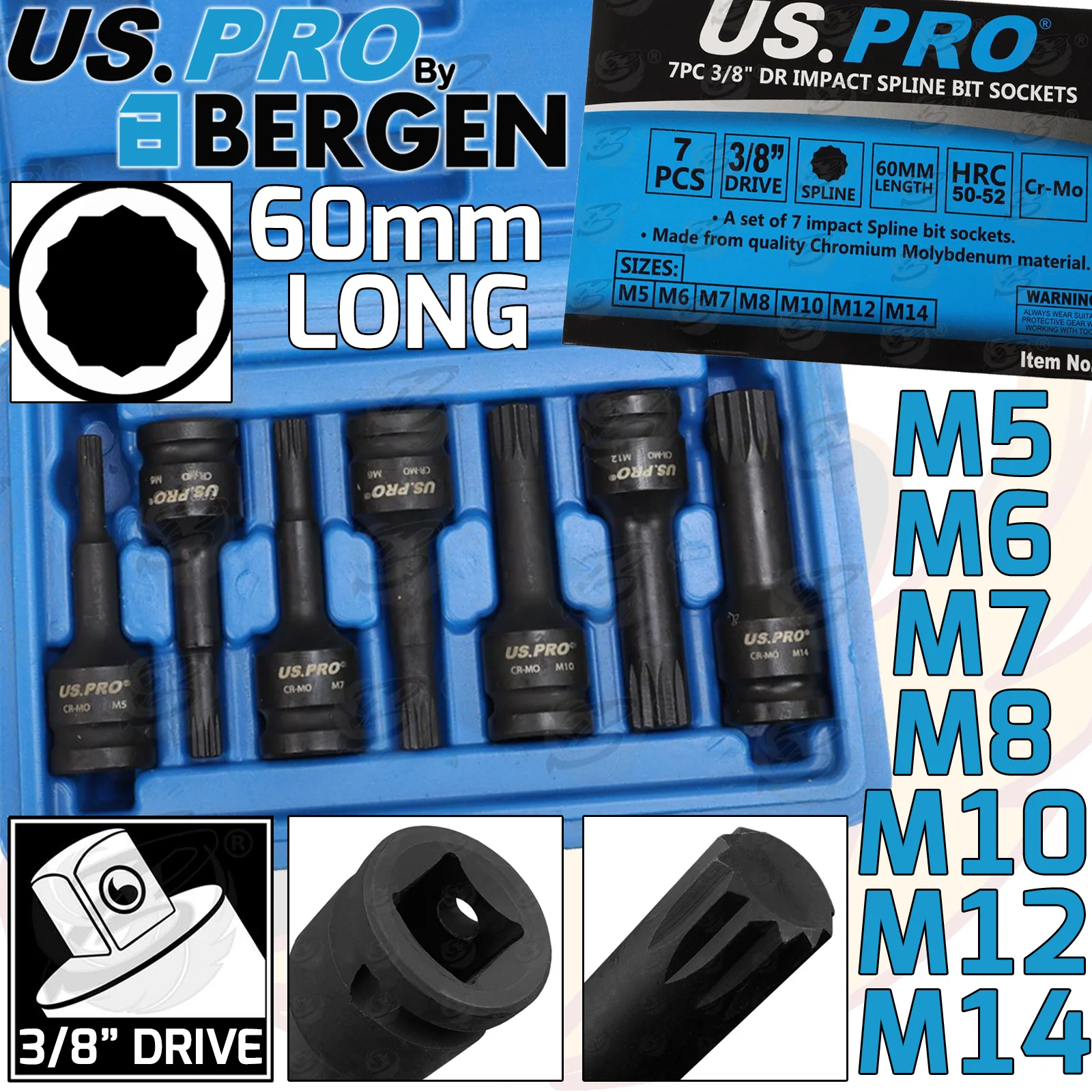 US Pro 7 Piece 3/8″ Drive Impact Spline Bit Sockets M5 – M14  3991