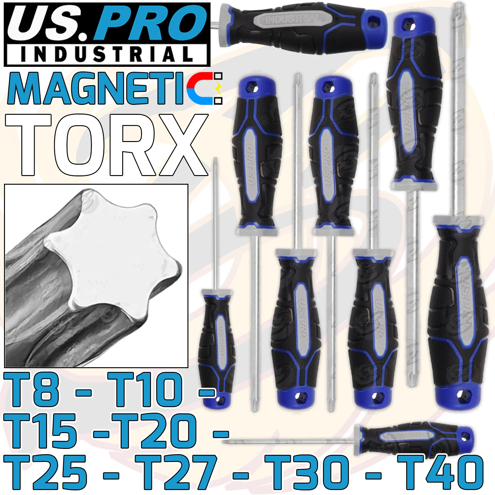 US Pro Industrial 8 Piece Magnetic Torx Screwdriver Set T8 – T40  4611