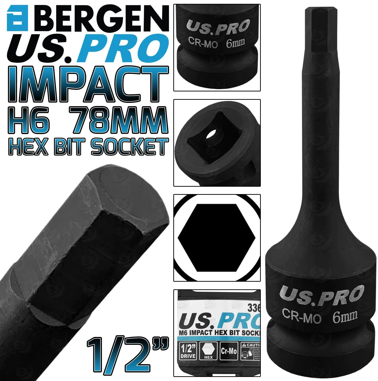 US Pro H6 1/2″ Drive 78mm Long Impact Hex Bit Socket ( Single )  3365