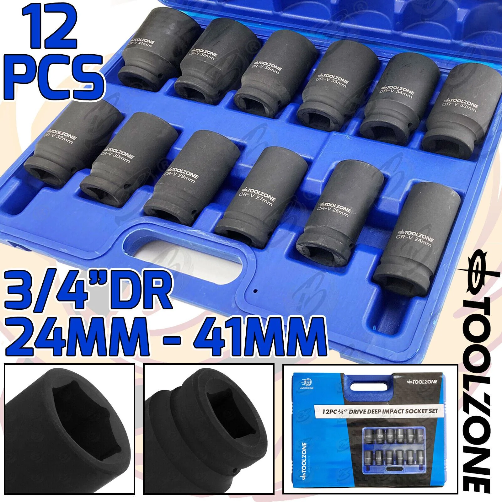 Toolzone 12 Piece 3/4″ Drive 6 Point Deep Impact Sockets 24mm – 41mm ( SS235 )