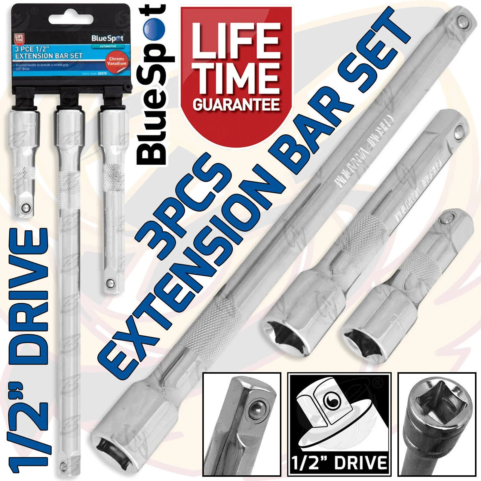 BlueSpot 3 Piece 1/2″ Drive Extra Long Extension Bars 75mm – 250mm ( 02070 )