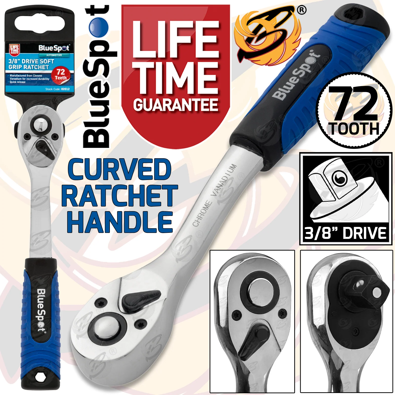 BlueSpot 3/8″ Drive 72 Tooth Soft Grip Curved Ratchet Handle ( 02012 )