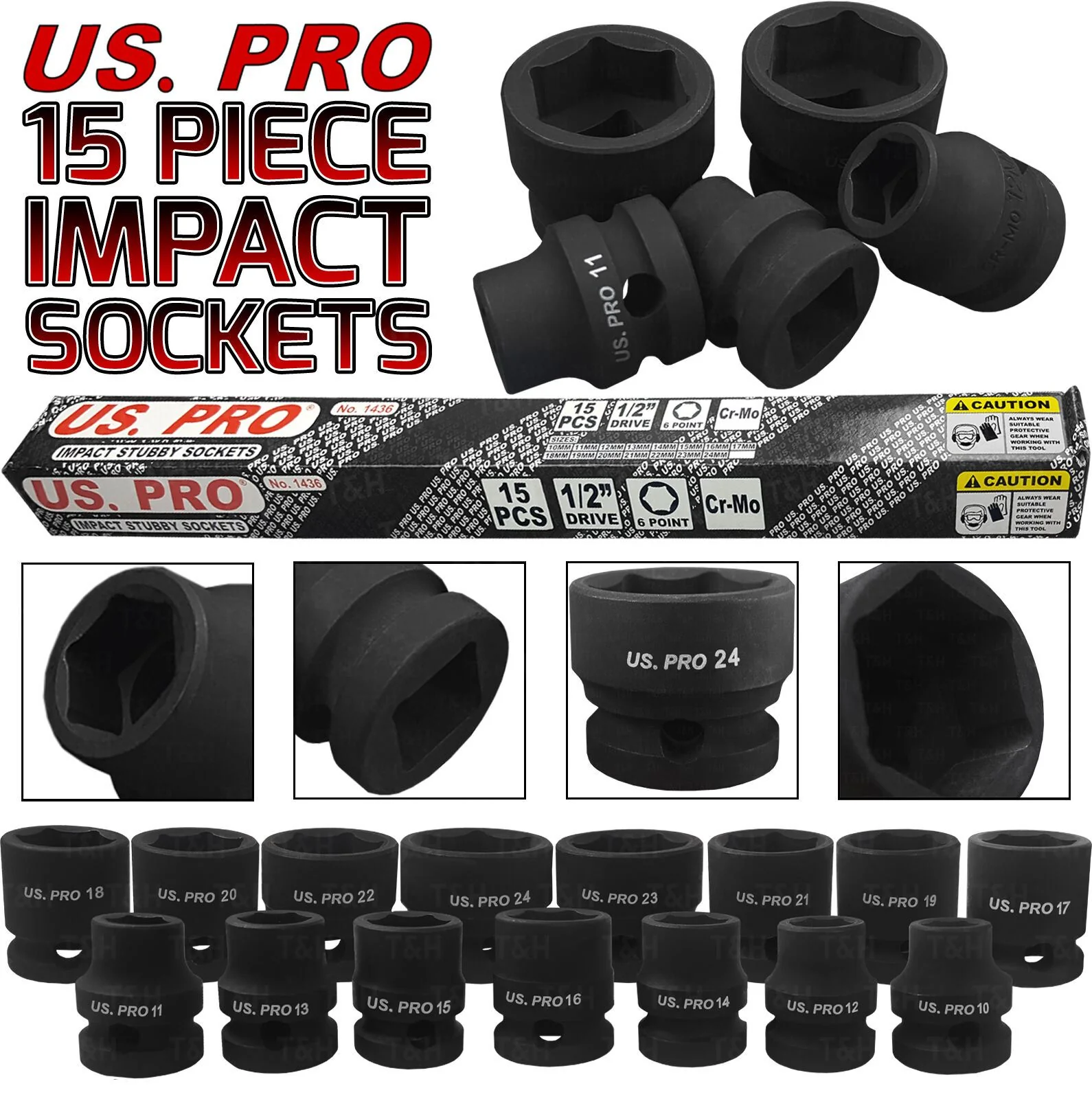 US Pro 15 Piece 1/2″ Drive 6 Point Shallow Impact Sockets 10mm – 24mm  3948