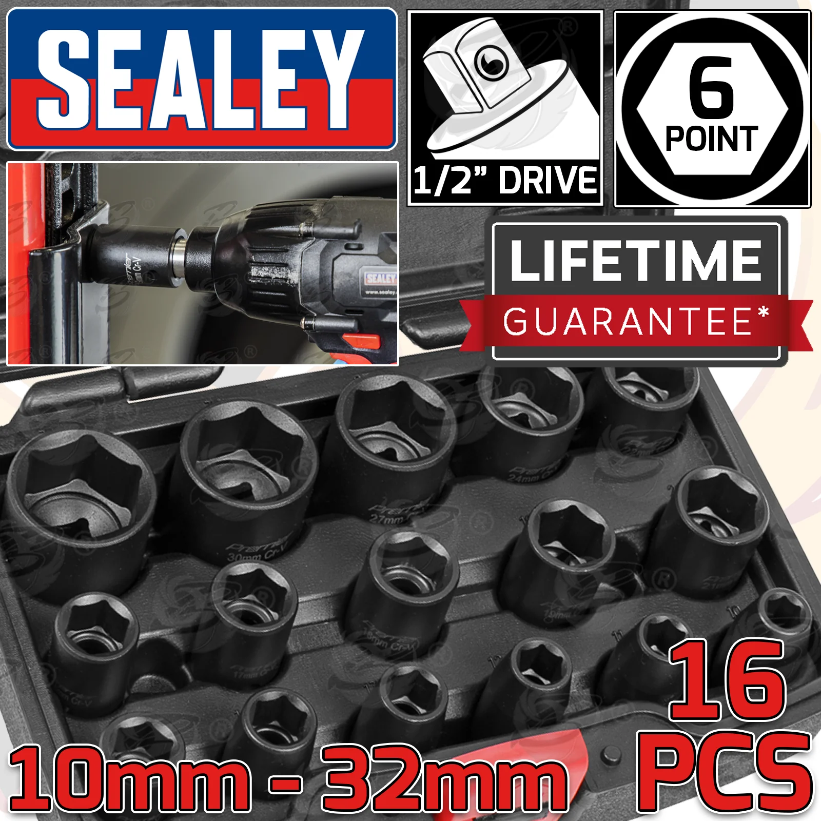Sealey 16 Piece 1/2″ Drive 6 Point Shallow Impact Sockets 10mm – 16mm ( AK5624M )