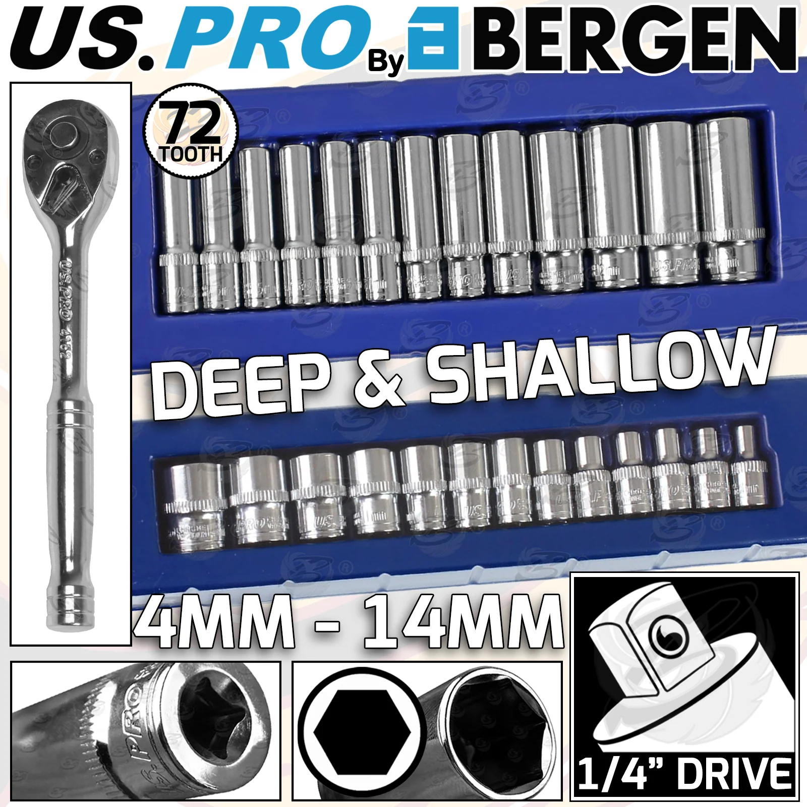 US Pro 27 Piece 1/4″ Drive 6 Point Deep & Shallow Sockets 4mm – 14mm & Ratchet Handle  2077 & 1388 & 4152