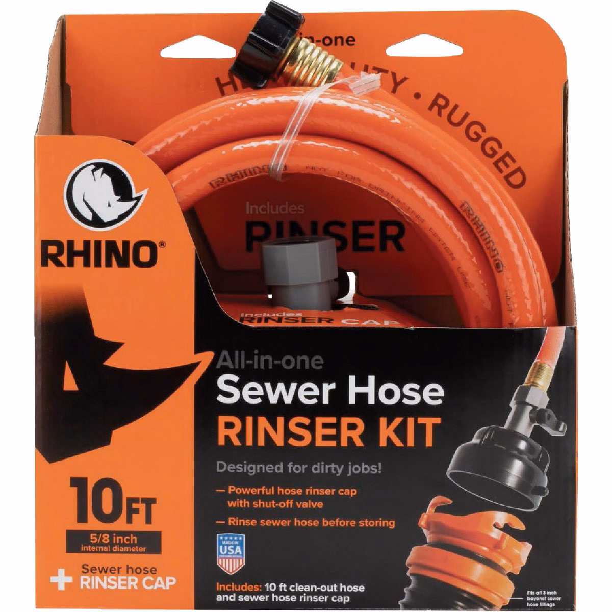 Rhino 5/8 In. Dia. 10 Ft. All-in-One Sewer Clean Out Hose with Rinse Cap