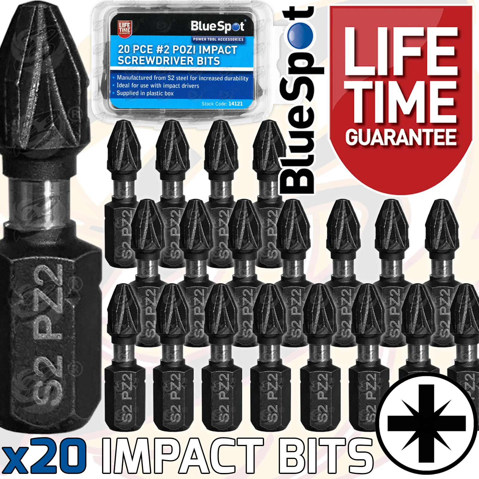BlueSpot 20 Piece x PZ2 x 25mm Impact Drill / Driver Bits ( 14121 )