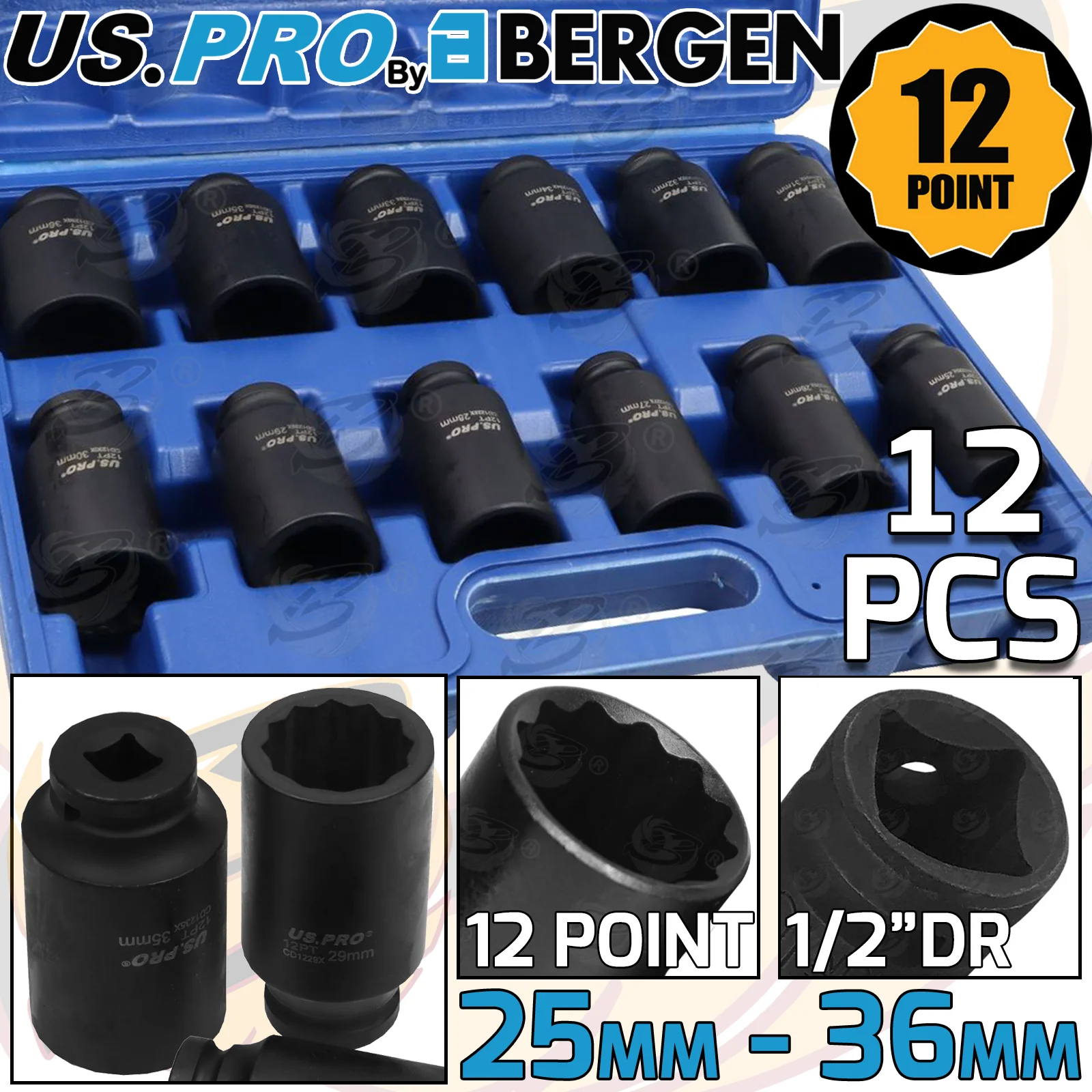 US Pro 12 Piece 1/2″ Drive 12 Point Deep Impact Sockets 25mm – 36mm  7543