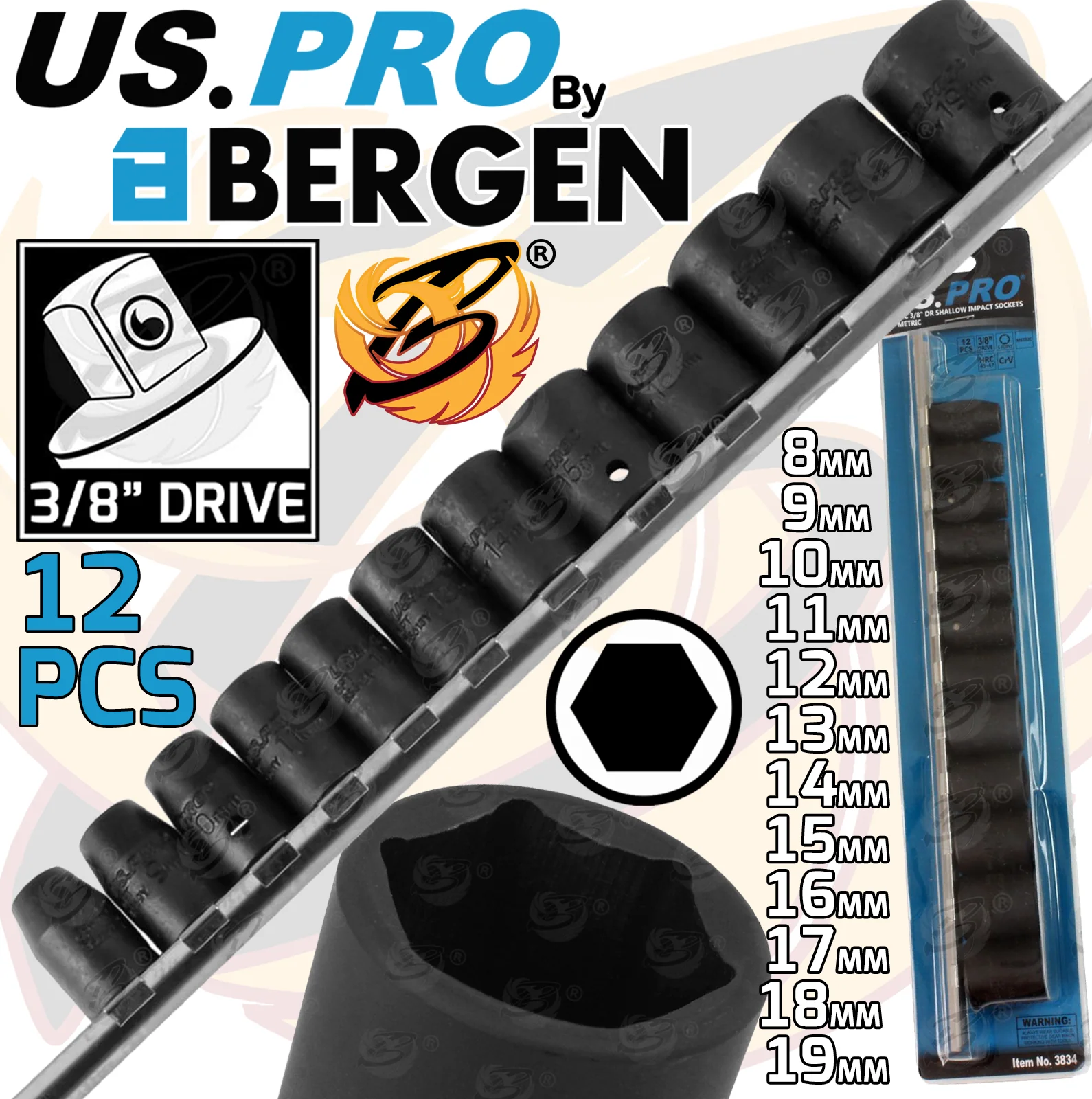 US Pro 3/8″Inch Drive Impact Socket Set Shallow Impact Sockets 8mm-19mm 6 Point 3834  3834