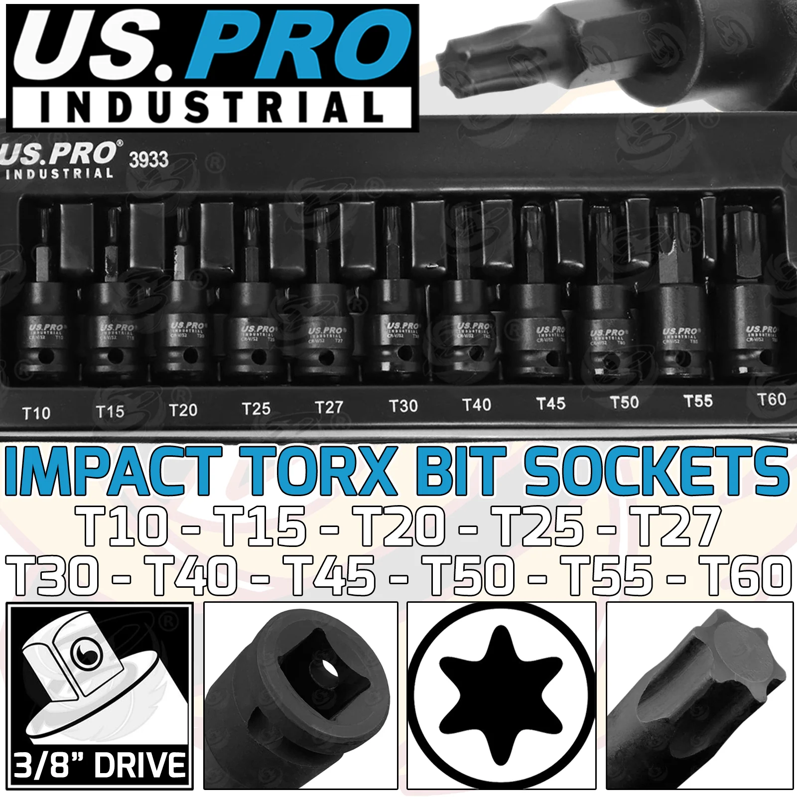 US Pro Industrial 11 Piece 3/8″ Drive Impact Torx Bit Sockets T10 – T60  3933