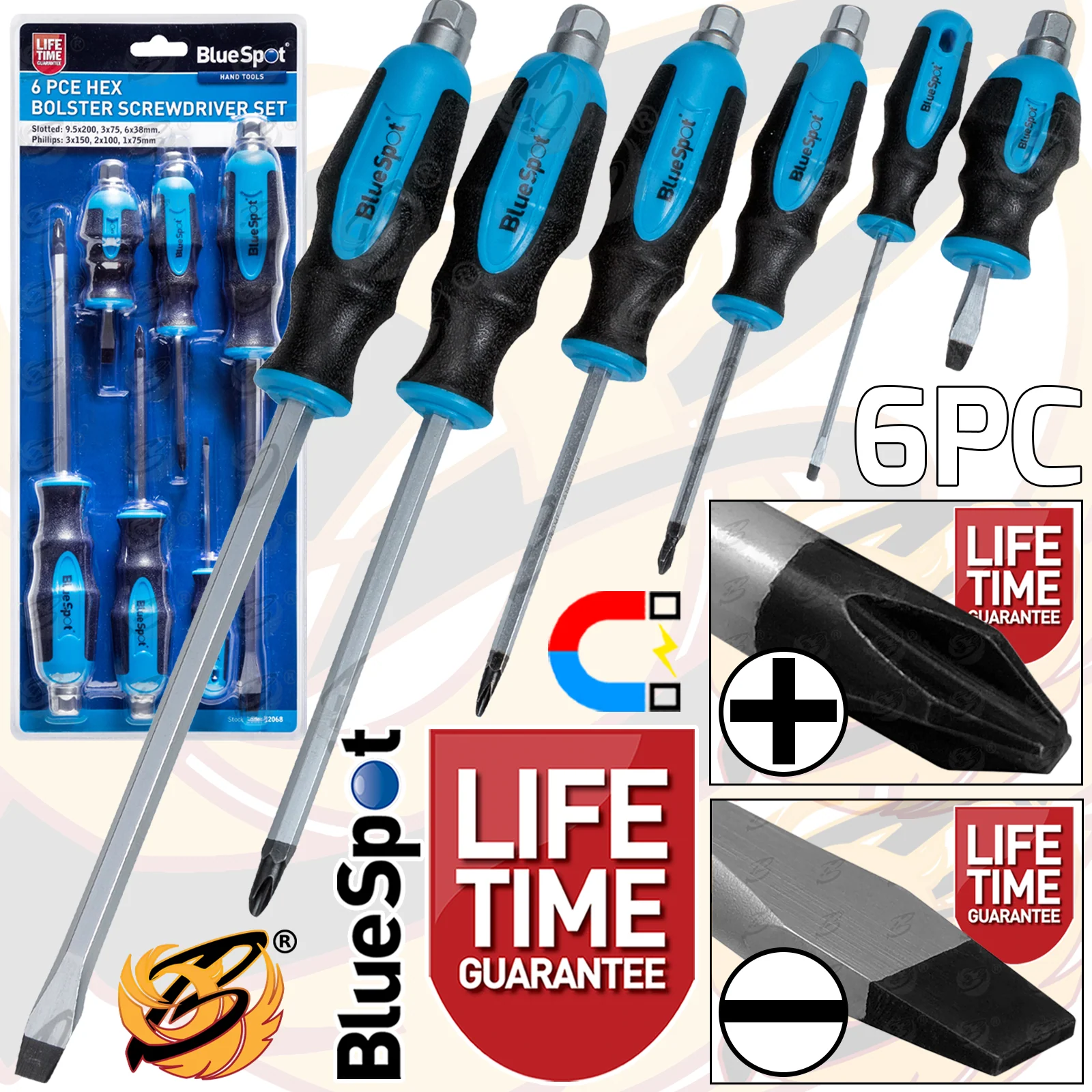 BlueSpot 6 Piece Magnetic Go Through Screwdriver Set ( Slotted – PHillips ) ( 12068 )