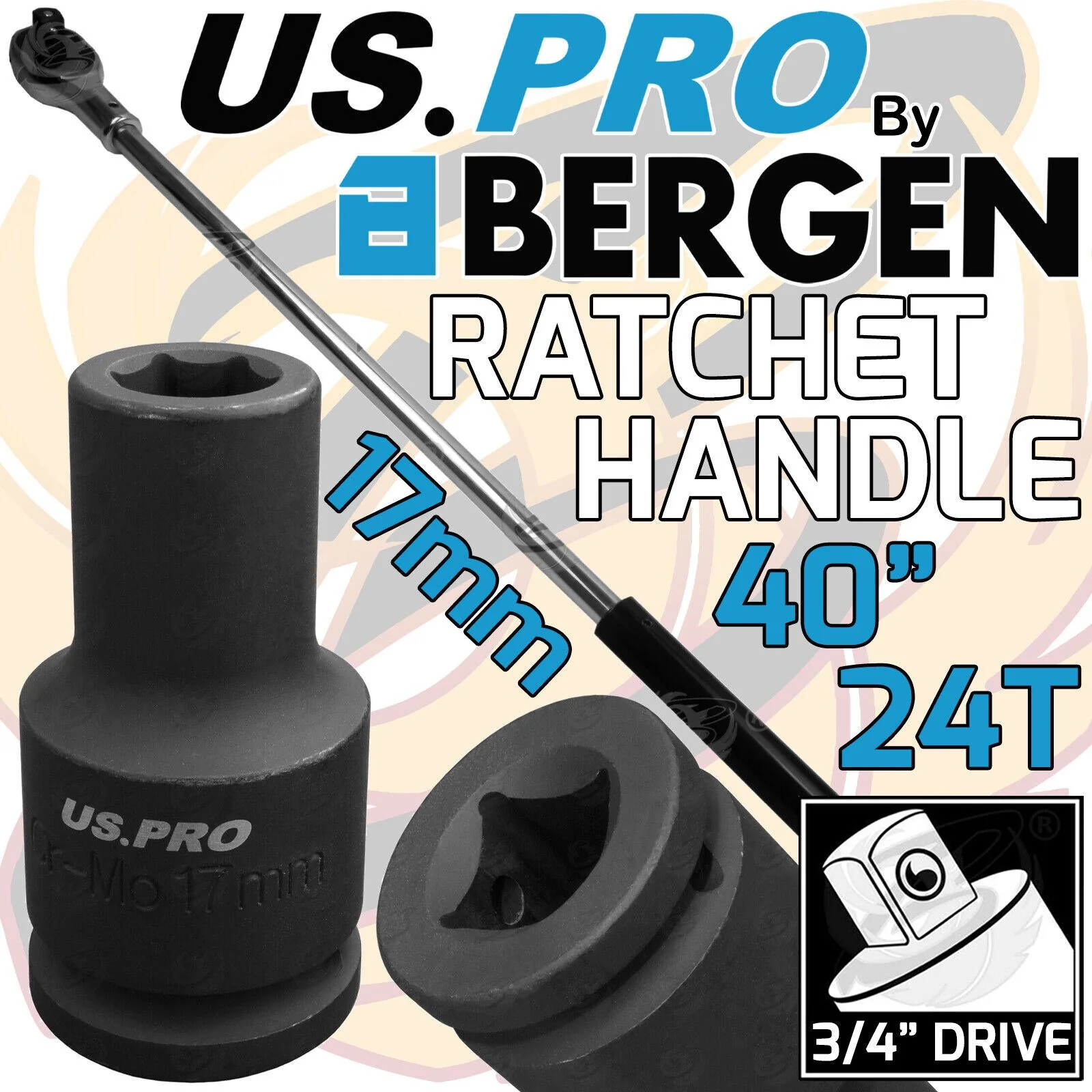 US Pro Ratchet 17mm 3/4″Drive Deep Impact Socket 40″ Reversible Ratchet Handle 24T  4159 & 3407