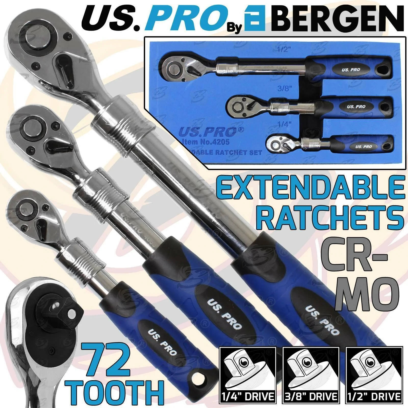 US Pro 3 Piece 1/4″ & 3/8″ & 1/2″ Drive 72 Tooth Extendable Ratchet Handles  4205