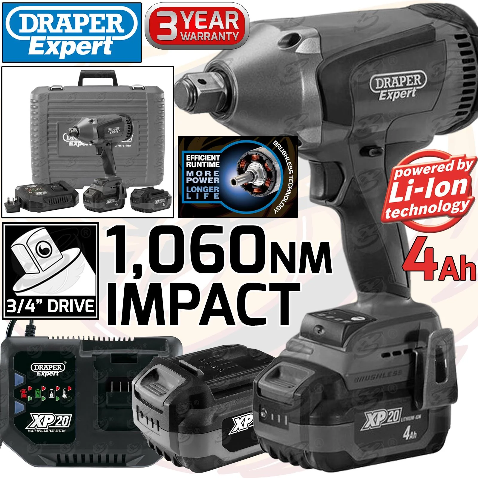 Draper 20V 1000Nm 1/2″ Drive Cordless Impact Wrench Brushless X2 4Ah Li-Ion Batteries ( 98961 )