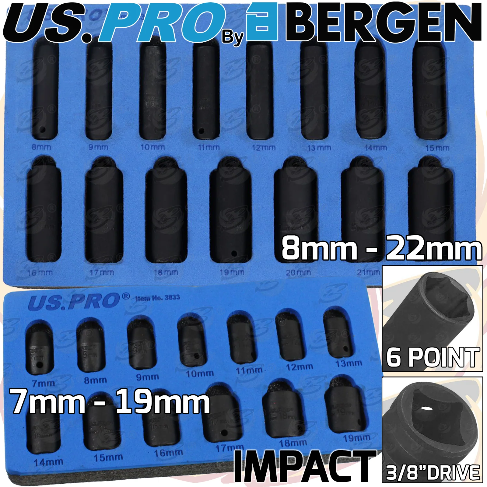 US Pro 28 Piece 3/8″ Drive 6 Point Deep & Shallow Impact Sockets 7mm – 22mm  3833 & 3831