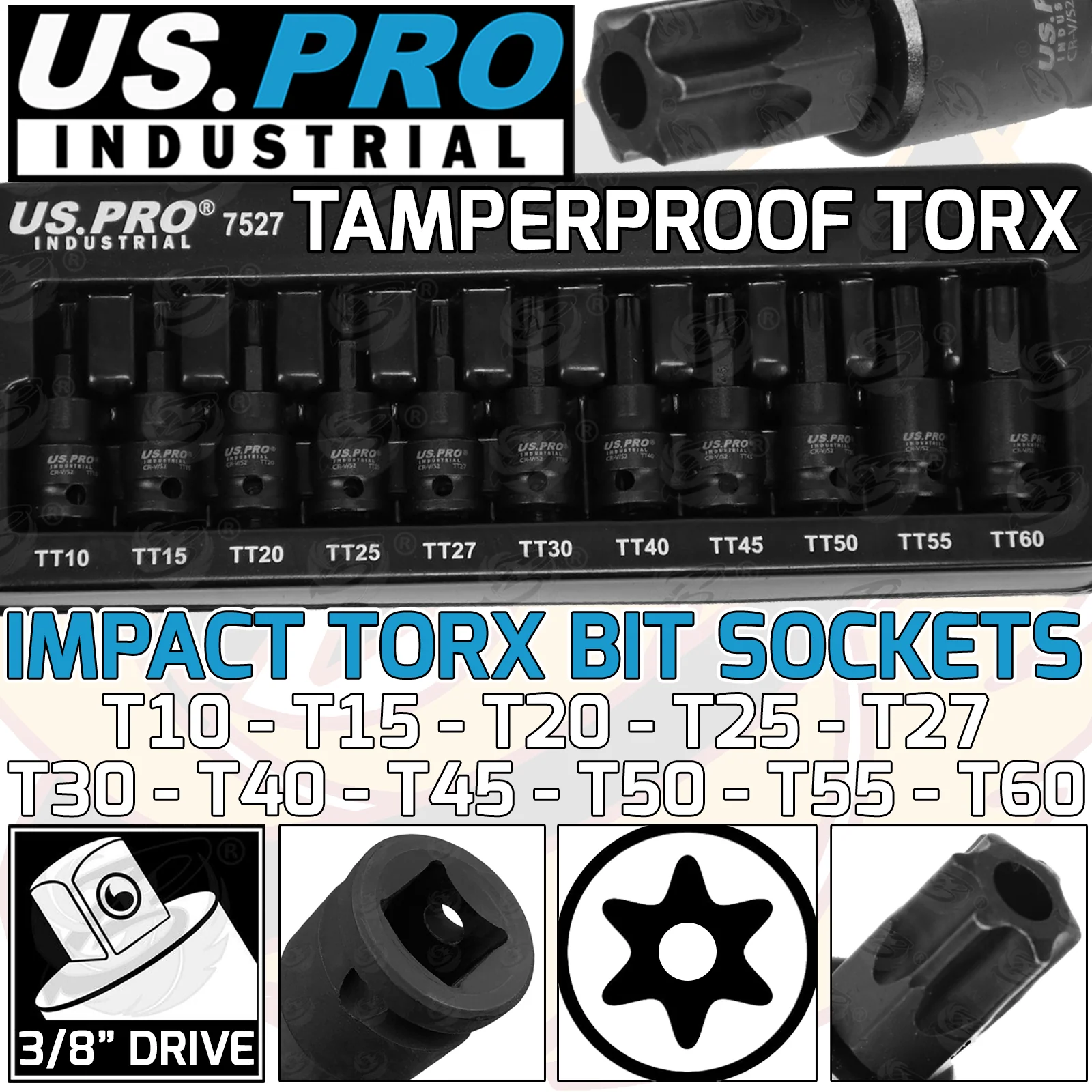 US Pro 11 Piece 3/8″ Drive Impact Tamperproof Torx Bit Sockets T10 – T60  7527