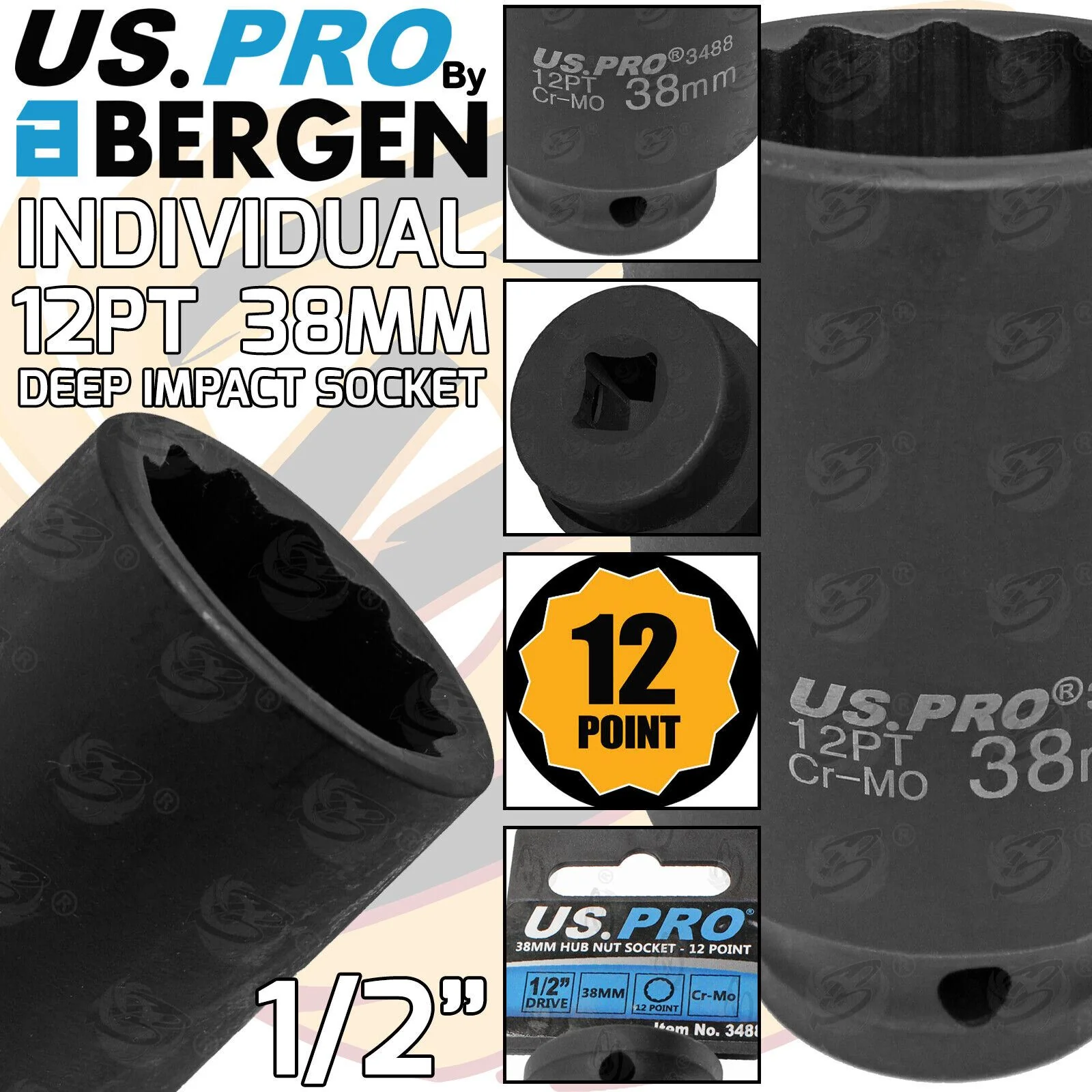 US Pro 38mm 1/2″ Drive 12 Point Deep Impact Socket ( Single )  3488