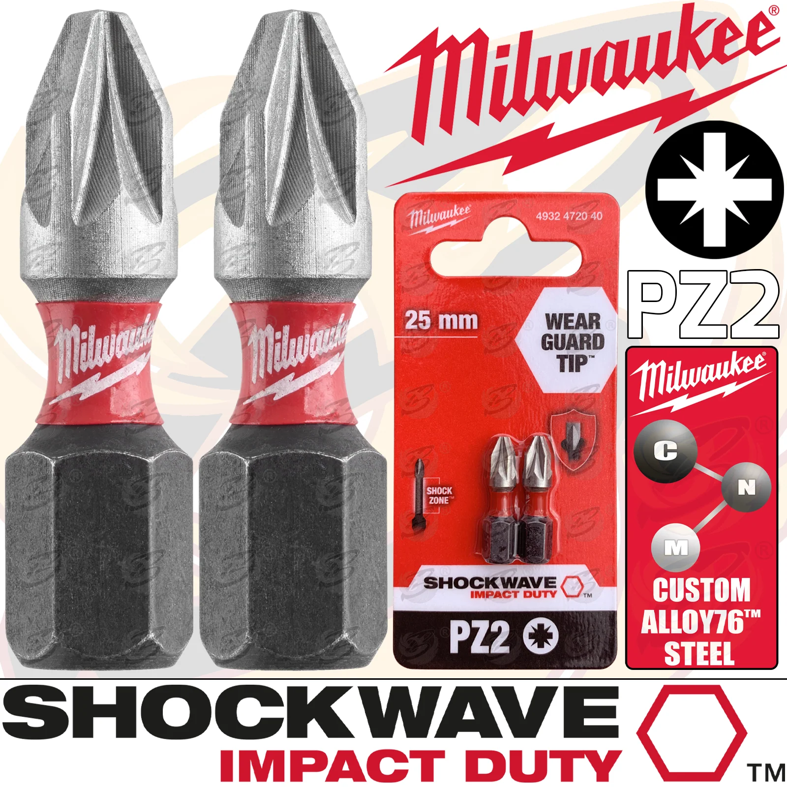 Milwaukee 2 Piece x PZ2 x 25mm Pozidrive Impact Drill / Driver Bit ( Shockwave Impact Duty ) ( 4932472040 )