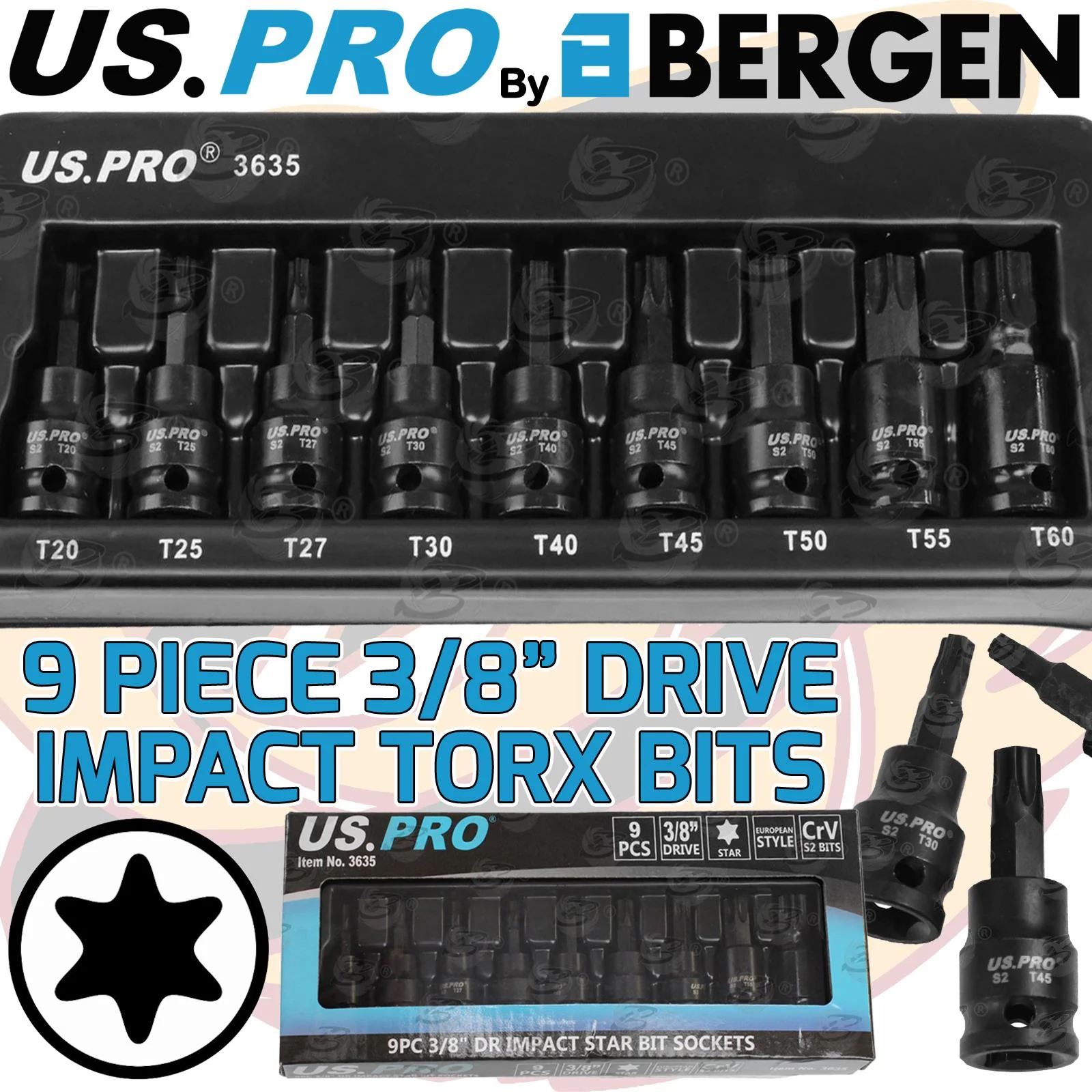 US Pro 9 Piece 3/8″ Drive Impact Torx Bit Sockets T20 – T60  3955