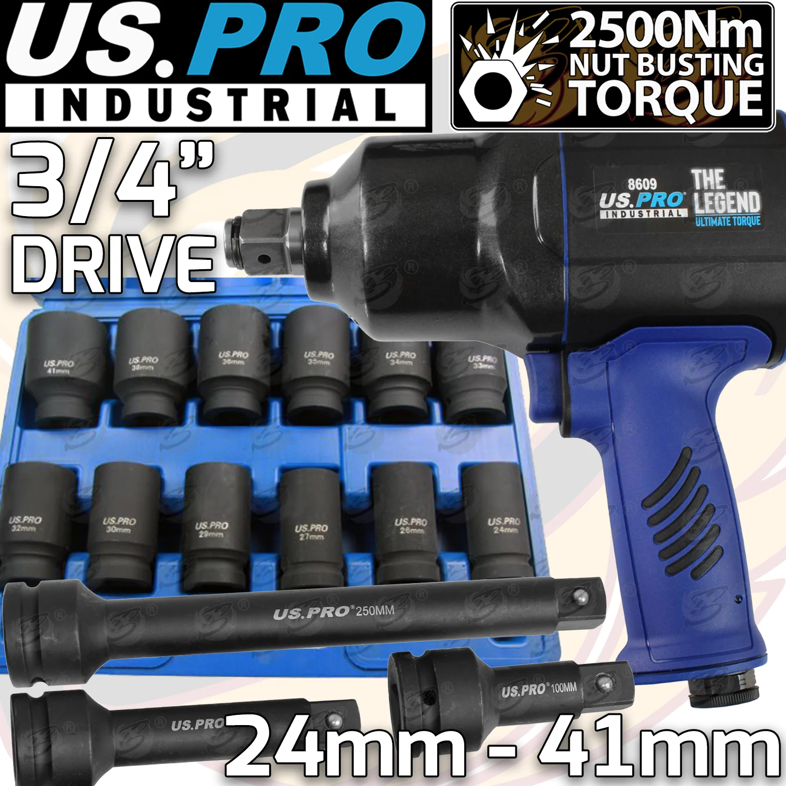 US Pro 3/4″ Drive Air Impact Wrench 2500Nm Nbt ( The Legend ) & 15 Piece Deep Impact Sockets & Extension Bar Sets 24mm – 41mm  8609 & 1360 & 3950